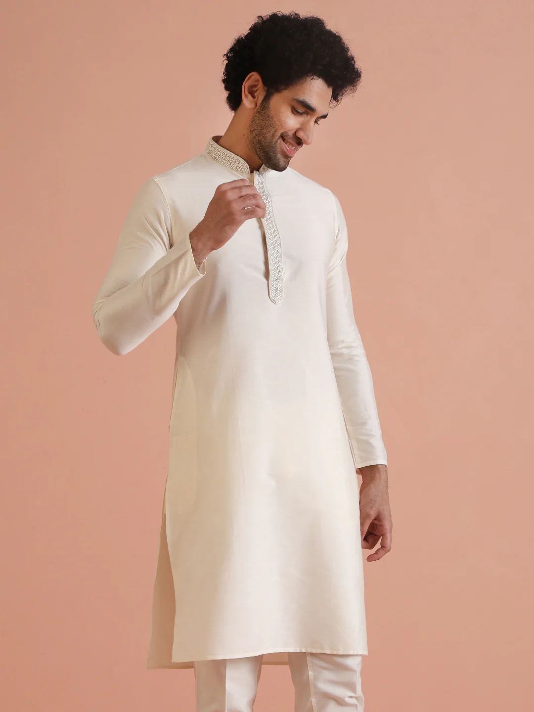 Cream Silk Blend Embroidered Long Kurta - Image 8