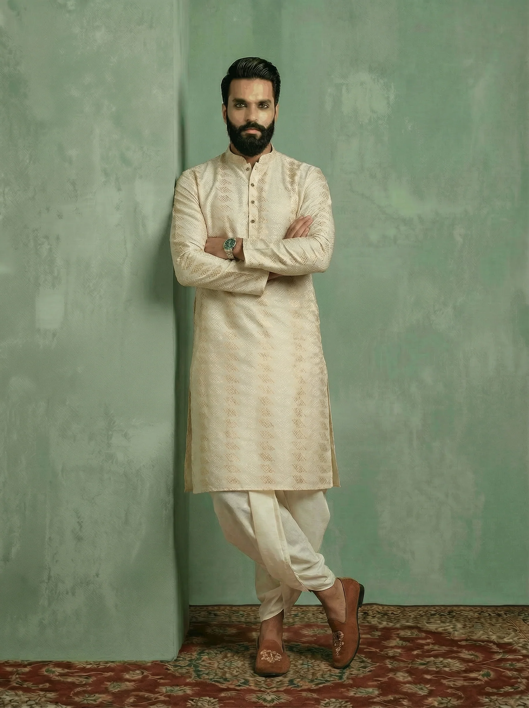 Cream Silk Blend Geometric Kurta Dhoti Set