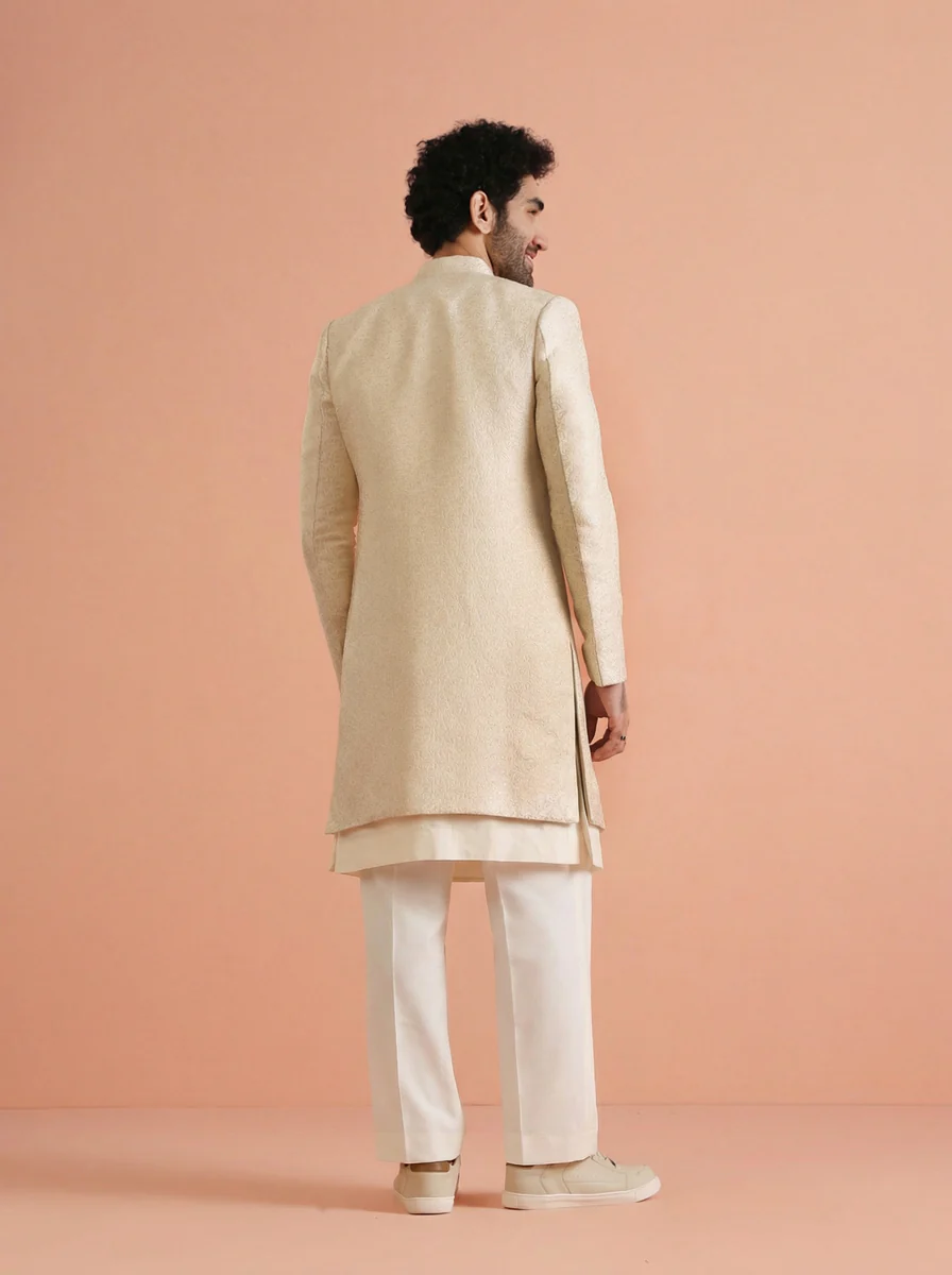 Cream Silk Blend Jacquard Inner Jacket Front Open Sherwani Wide Leg Trouser Set - Image 3