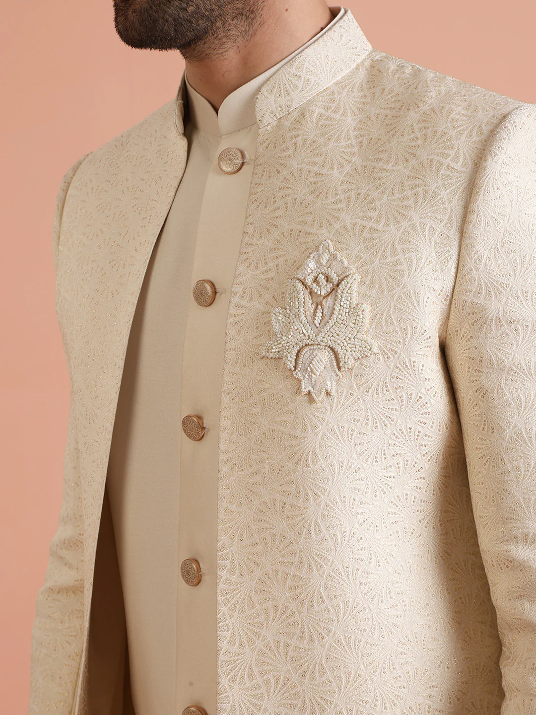Cream Silk Blend Jacquard Inner Jacket Front Open Sherwani Wide Leg Trouser Set - Image 4
