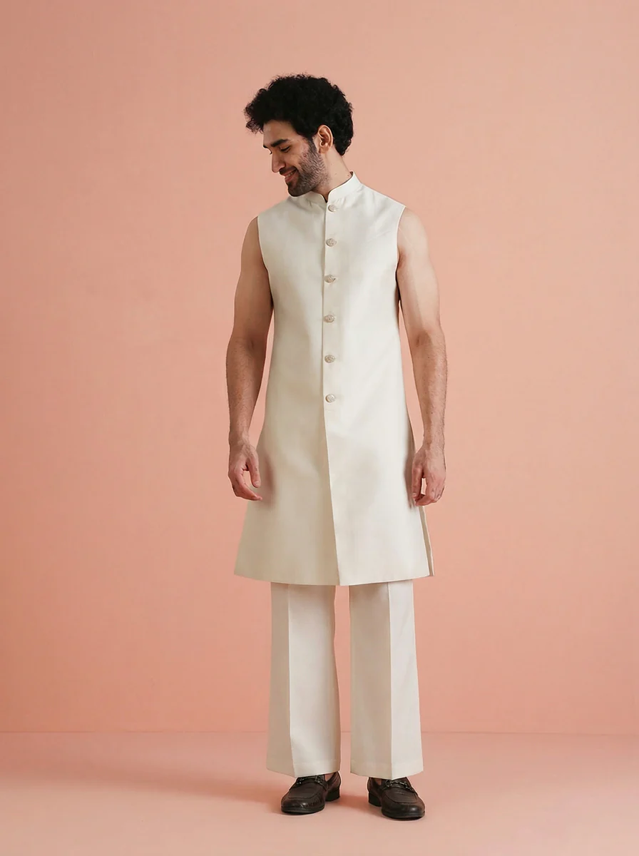 Cream Silk Blend Jacquard Inner Jacket Front Open Sherwani Wide Leg Trouser Set - Image 5