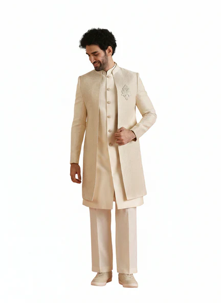 Cream Silk Blend Jacquard Inner Jacket Front Open Sherwani Wide Leg Trouser Set - Image 9