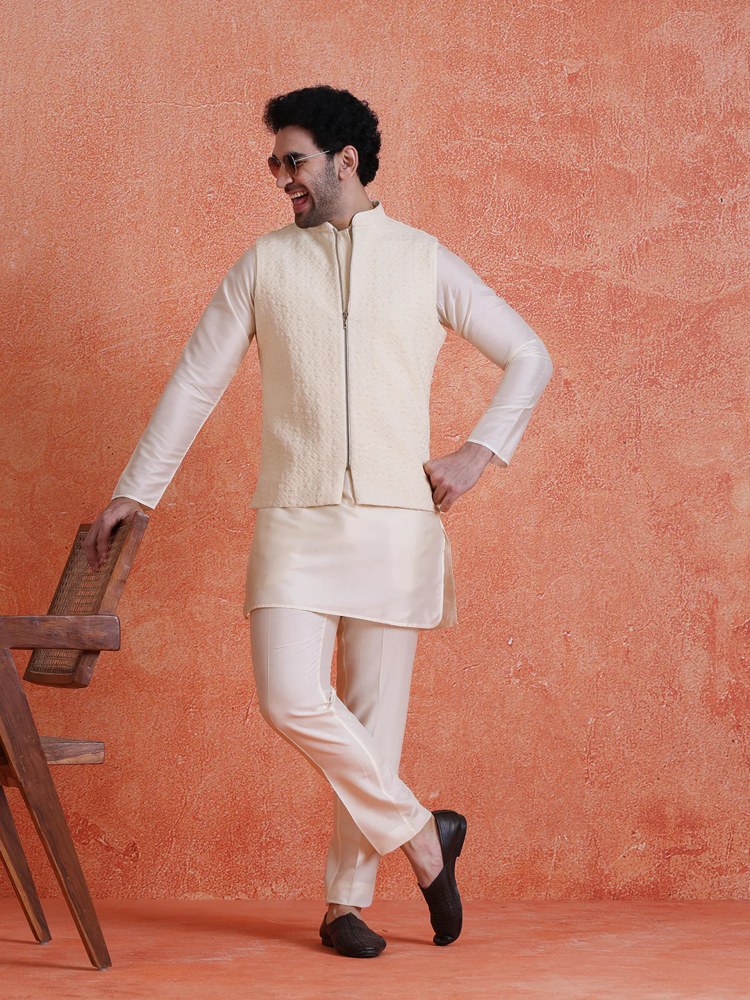 Cream Silk Blend Jacquard Jacket with Zip - Image 6