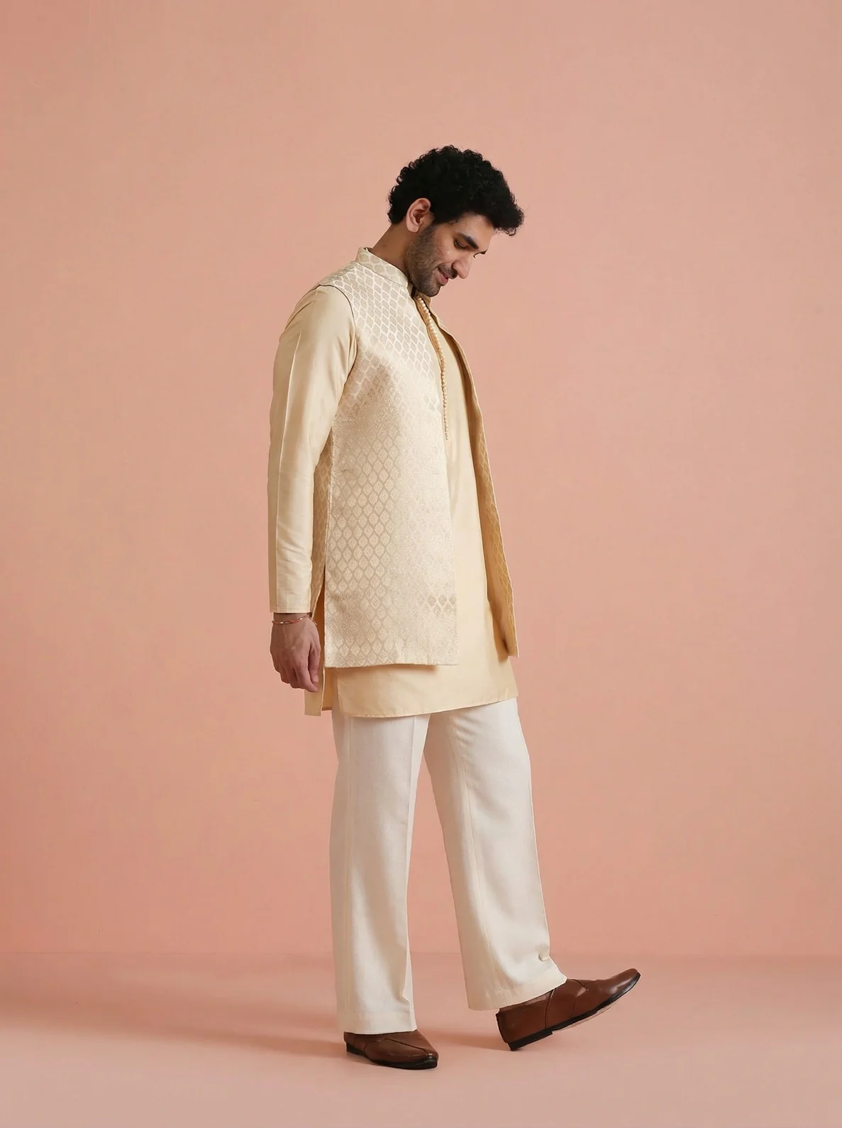 Cream Silk Blend Jacquard Mid Kurta Front Open Jacket Wide Leg Trouser Set - Image 6