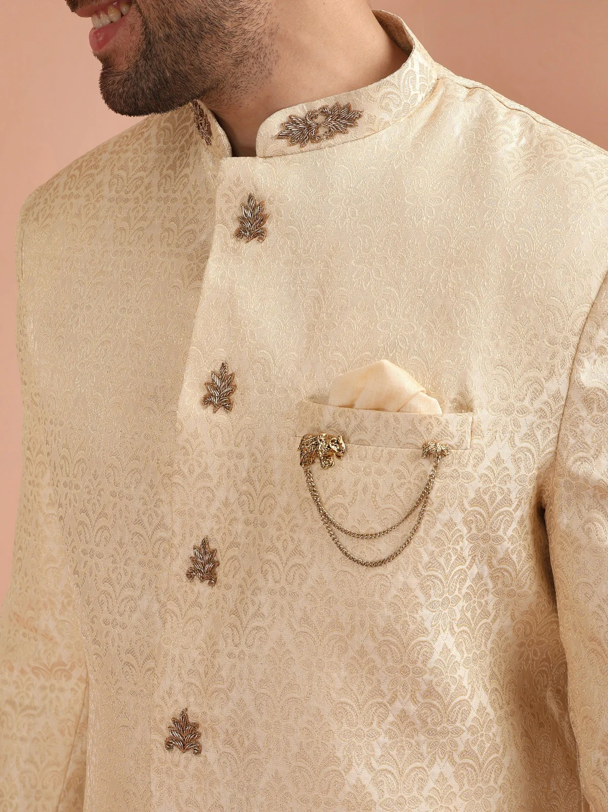 Cream Silk Blend Jacquard Sherwani Wide Leg Trouser Set - Image 4