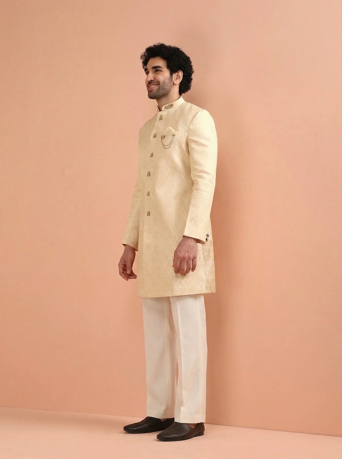 Cream Silk Blend Jacquard Sherwani Wide Leg Trouser Set - Image 6
