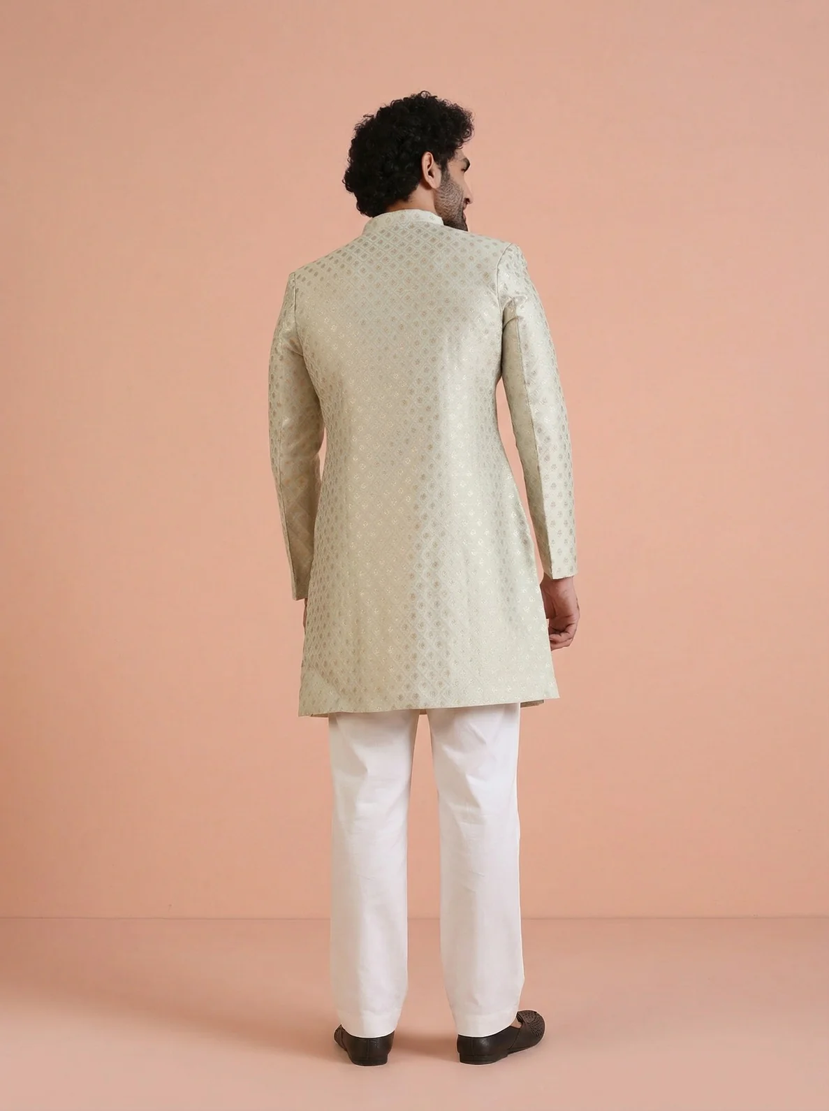 Cream Silk Blend Jacquard Sherwani Wide Leg Trouser Set - Image 3