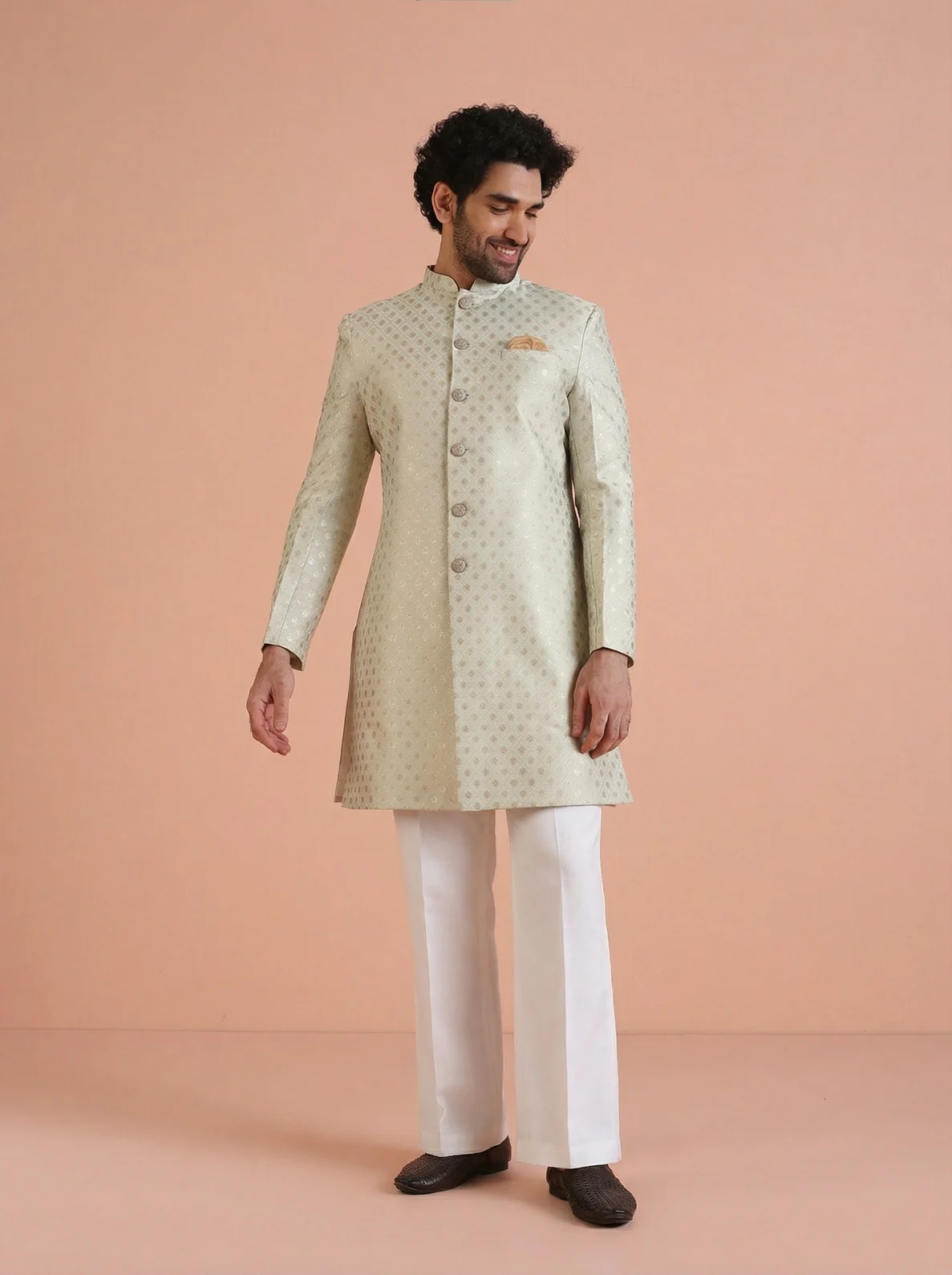 Cream Silk Blend Jacquard Sherwani Wide Leg Trouser Set - Image 7