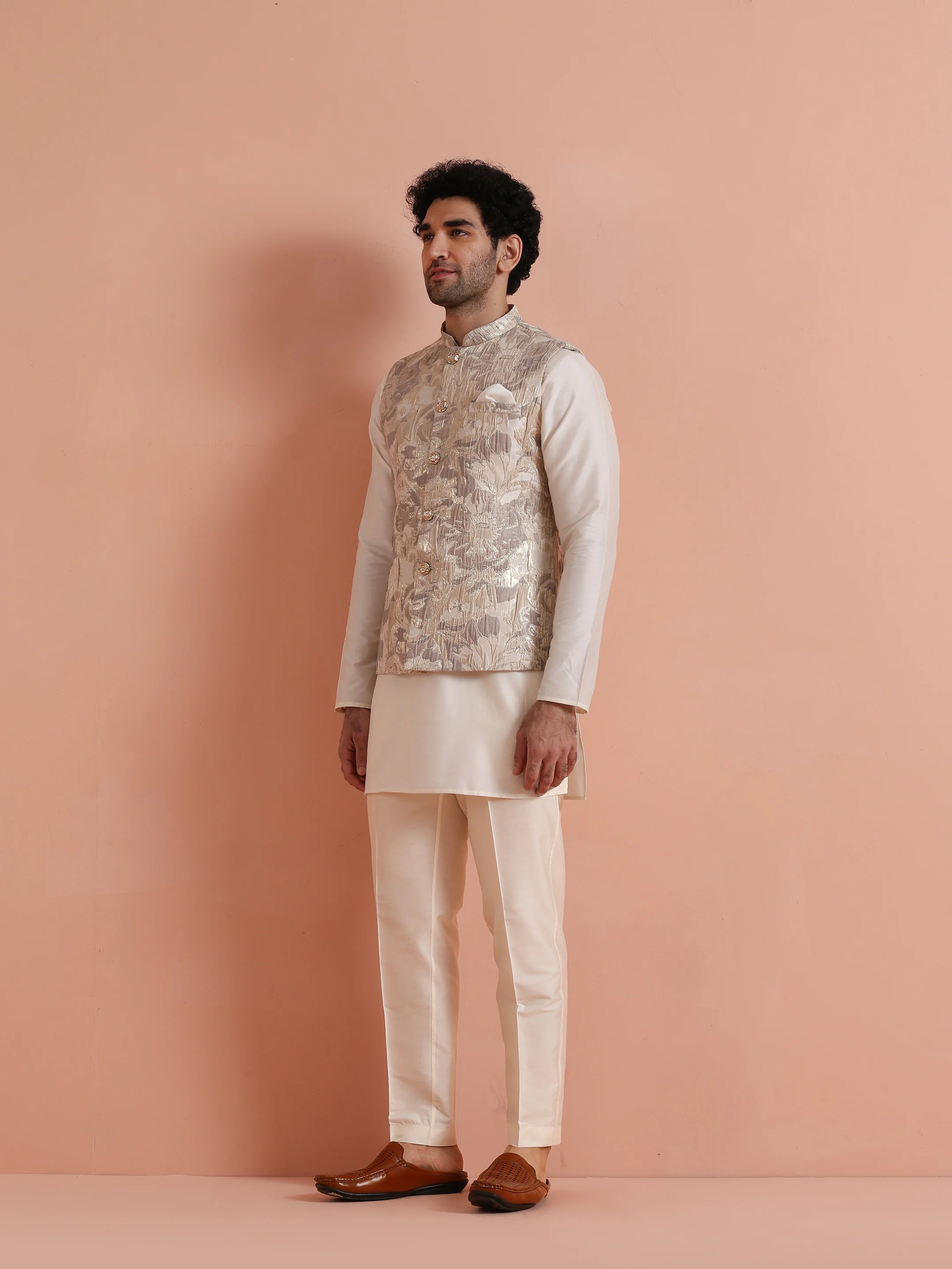 Cream Silk Blend Kurta Jacket Set - Image 3