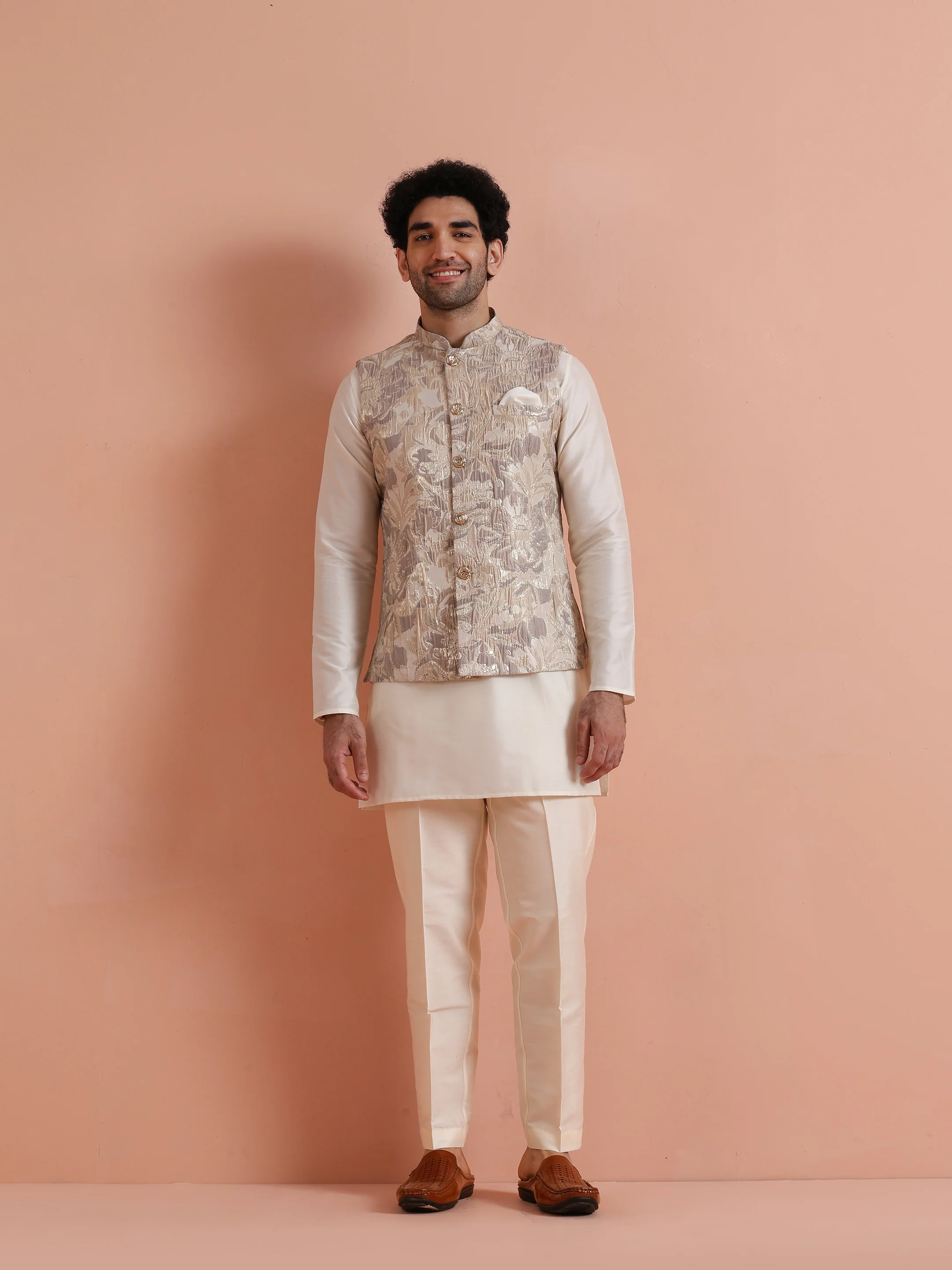 Cream Silk Blend Kurta Jacket Set - Image 9