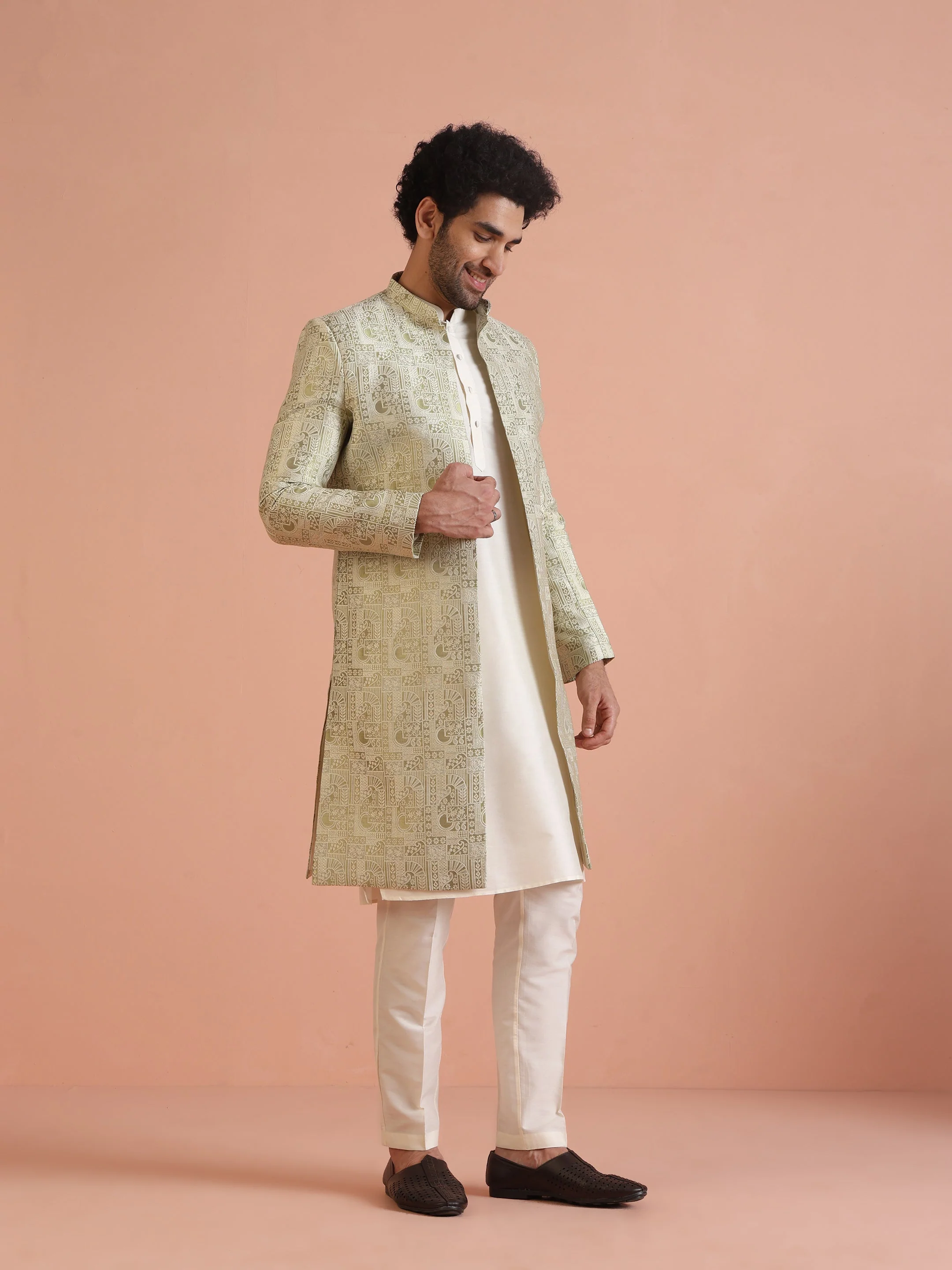 Cream Silk Blend Kurta Sherwani Set with Jacquard Indo-Western Jacket and Trousers – Festive & Wedding Ensemble - Image 2