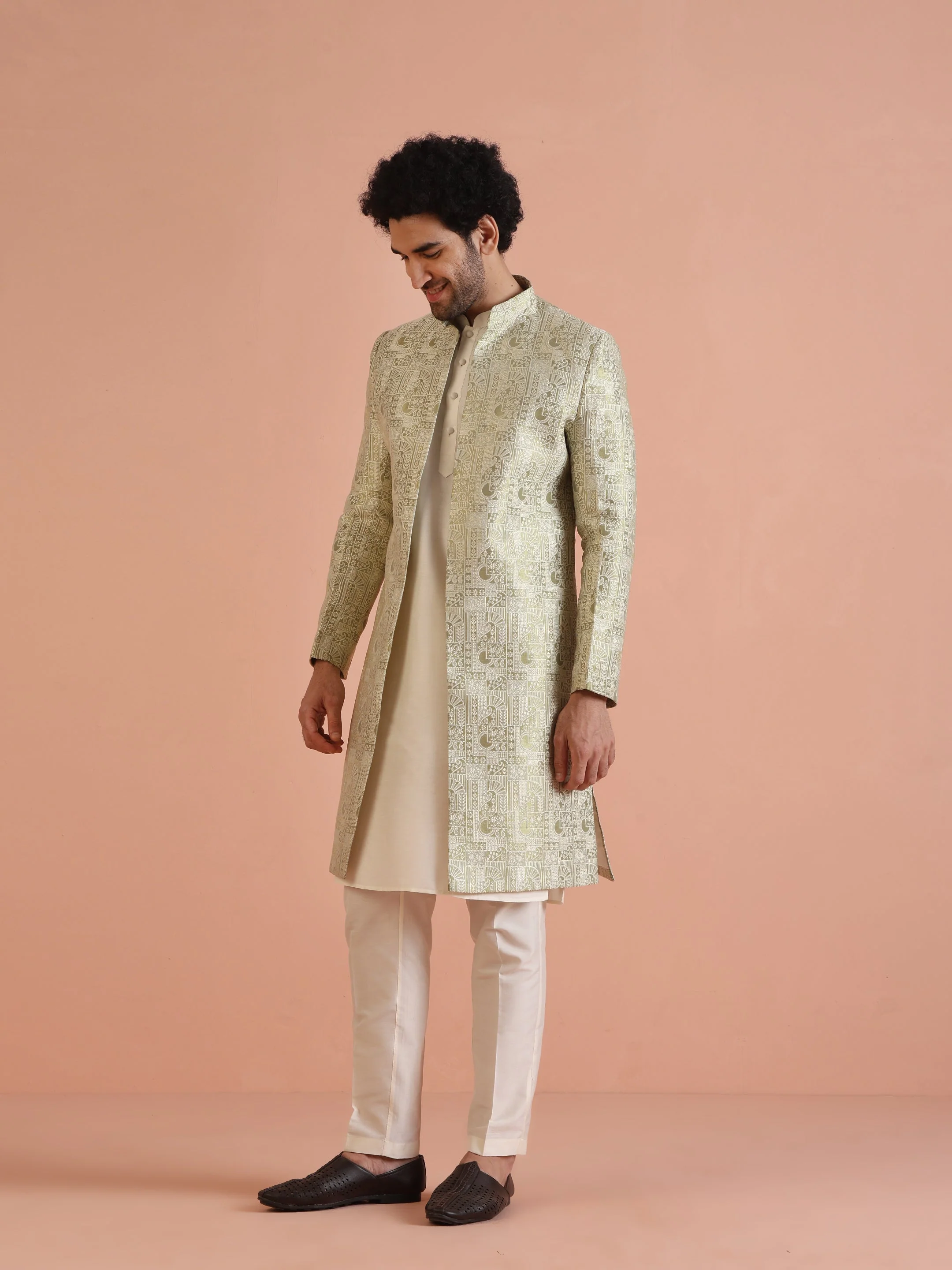 Cream Silk Blend Kurta Sherwani Set with Jacquard Indo-Western Jacket and Trousers – Festive & Wedding Ensemble - Image 3