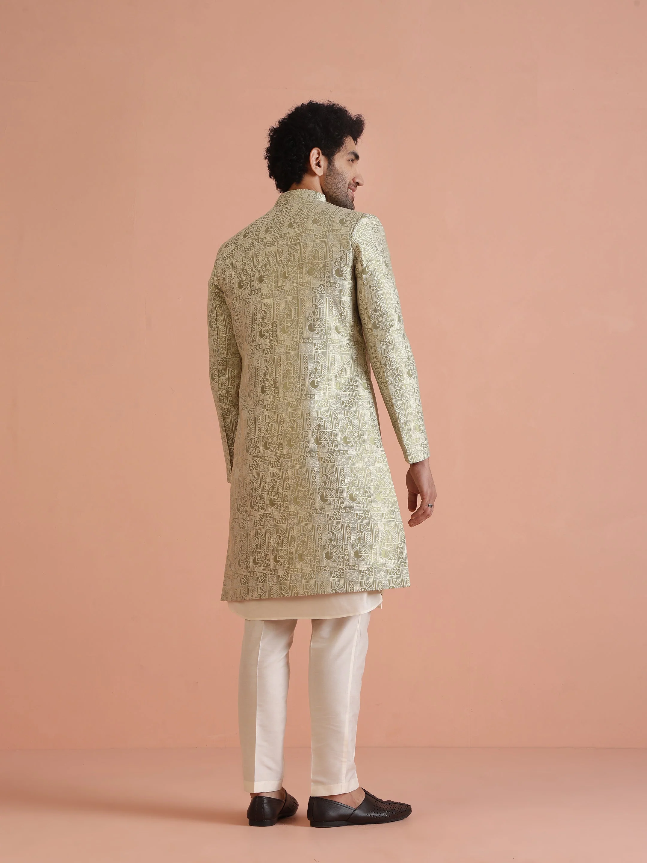 Cream Silk Blend Kurta Sherwani Set with Jacquard Indo-Western Jacket and Trousers – Festive & Wedding Ensemble - Image 4