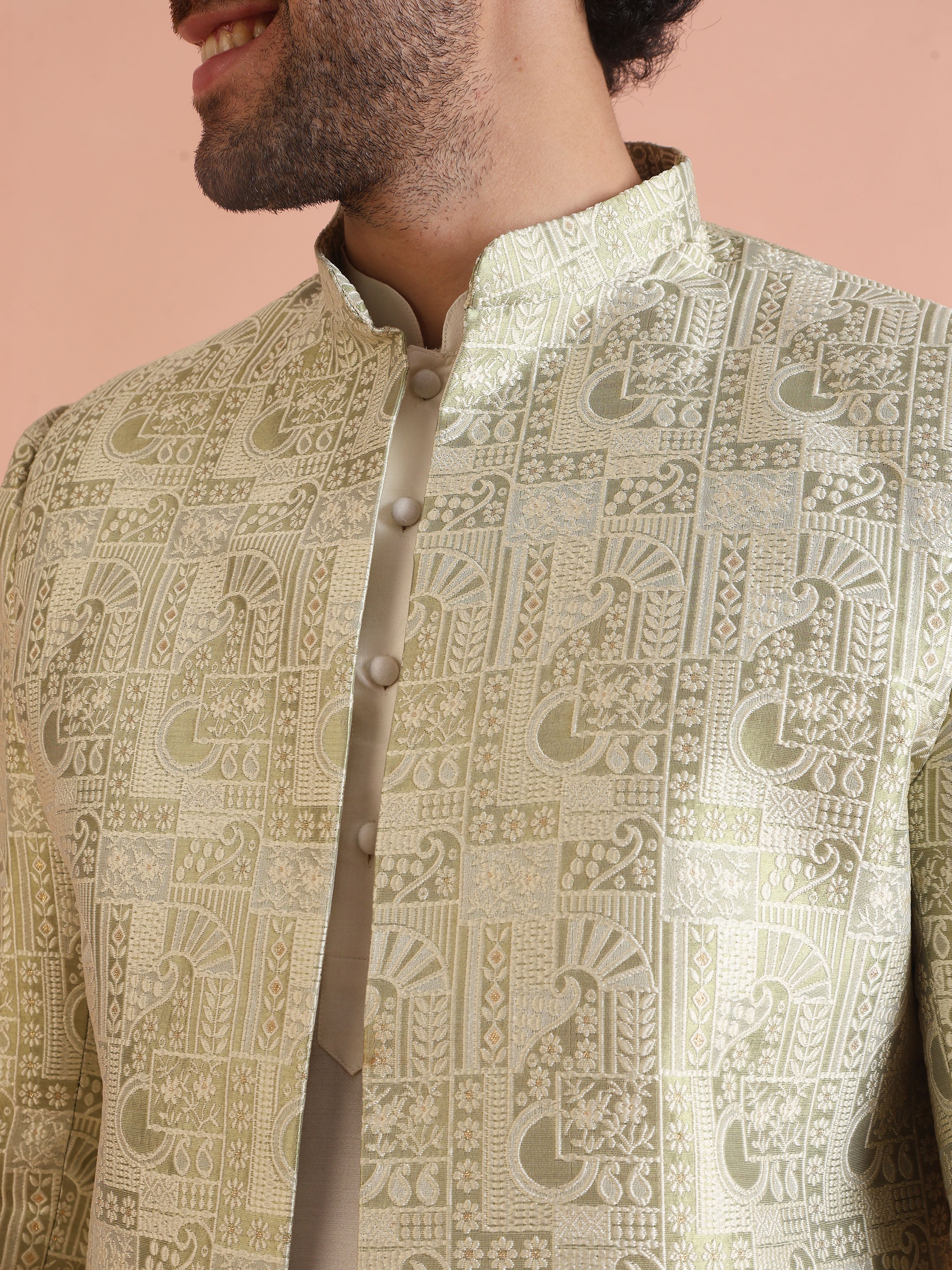 Cream Silk Blend Kurta Sherwani Set with Jacquard Indo-Western Jacket and Trousers – Festive & Wedding Ensemble - Image 5