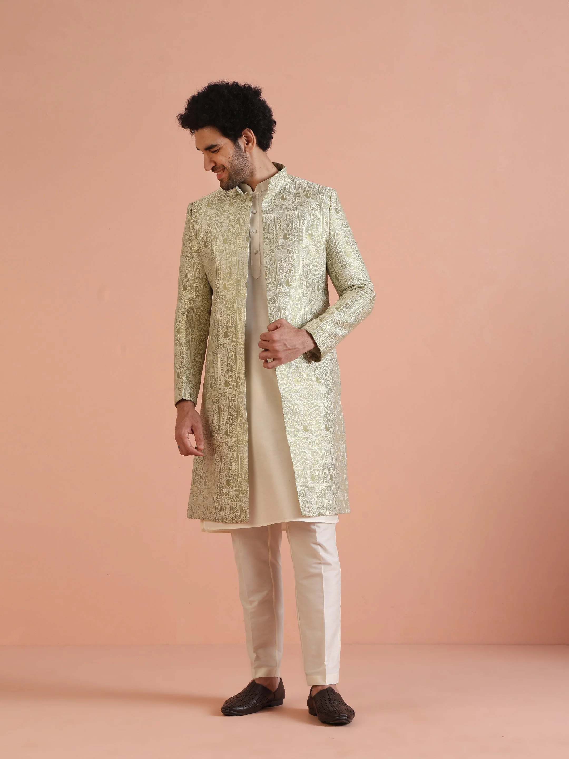 Cream Silk Blend Kurta Sherwani Set with Jacquard Indo-Western Jacket and Trousers – Festive & Wedding Ensemble - Image 8