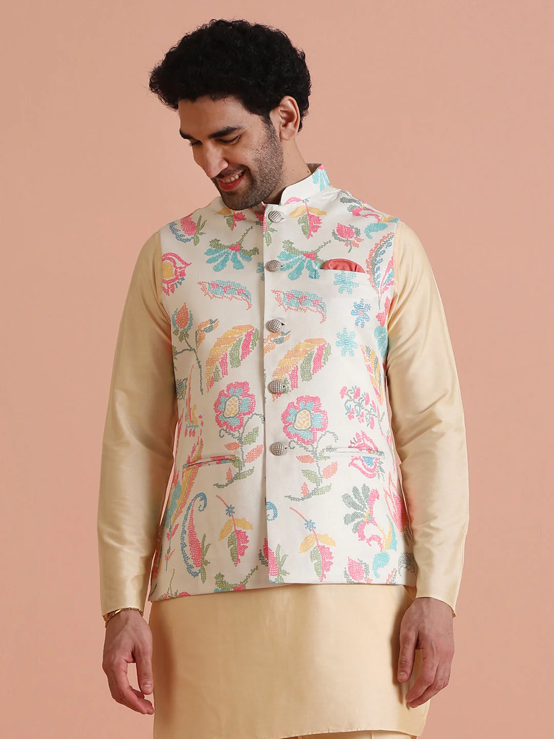 Cream Silk Blend Multicolor Floral Printed Nehru Jacket