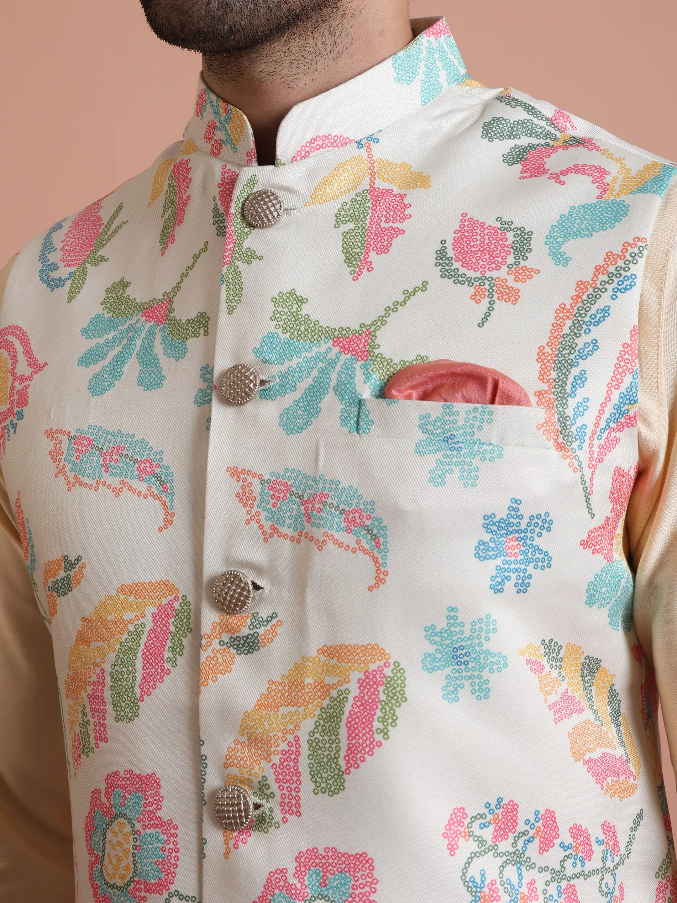 Cream Silk Blend Multicolor Floral Printed Nehru Jacket - Image 2