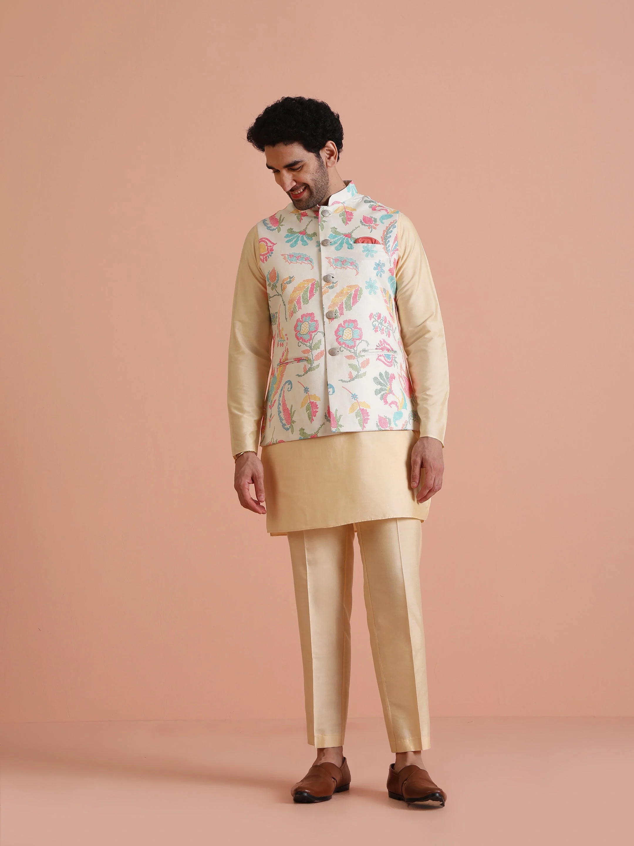 Cream Silk Blend Multicolor Floral Printed Nehru Jacket - Image 6