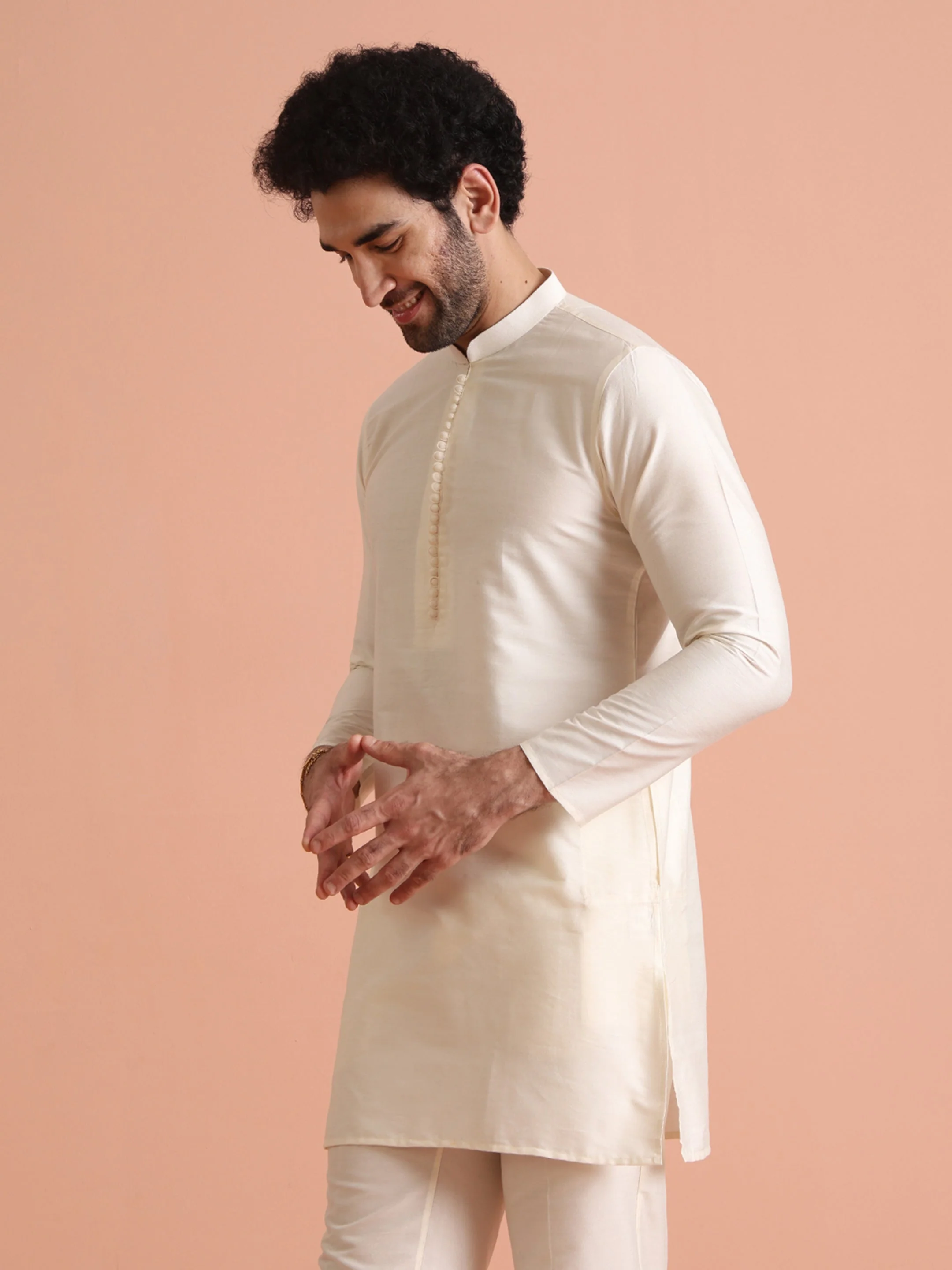 Cream Silk Blend Solid Mid Kurta Trouser - Image 4