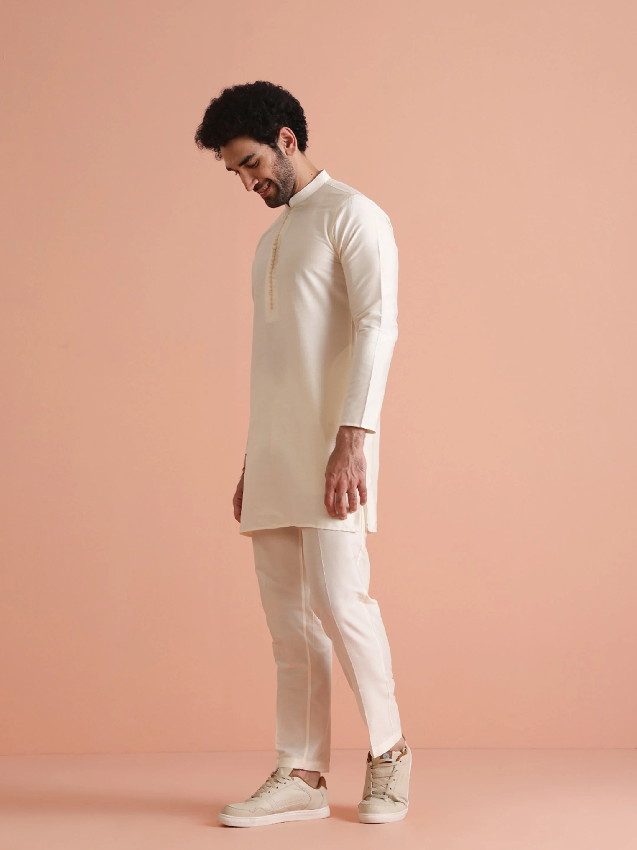 Cream Silk Blend Solid Mid Kurta Trouser - Image 7