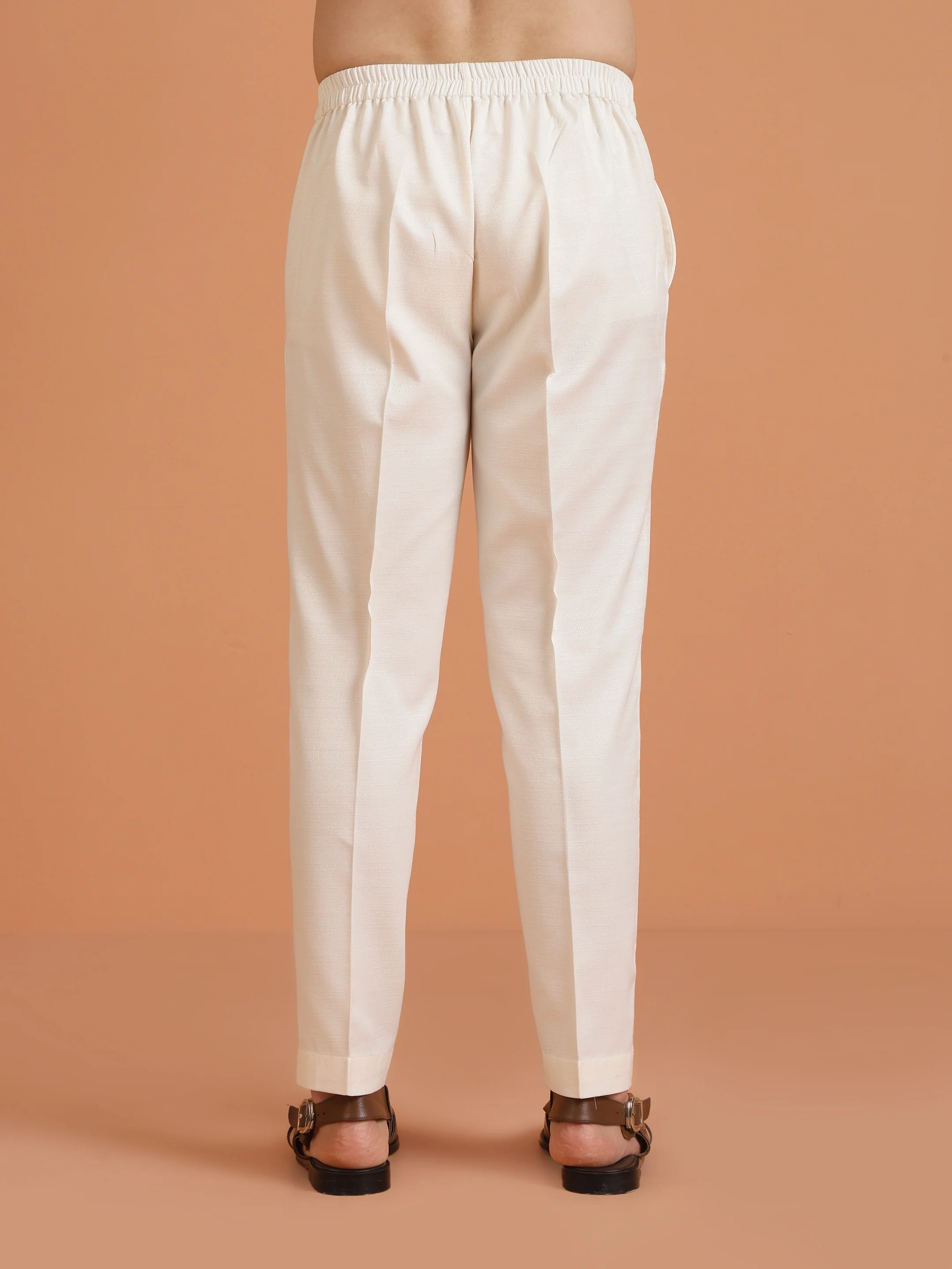 Cream Silk Blend Solid Trouser - Image 4