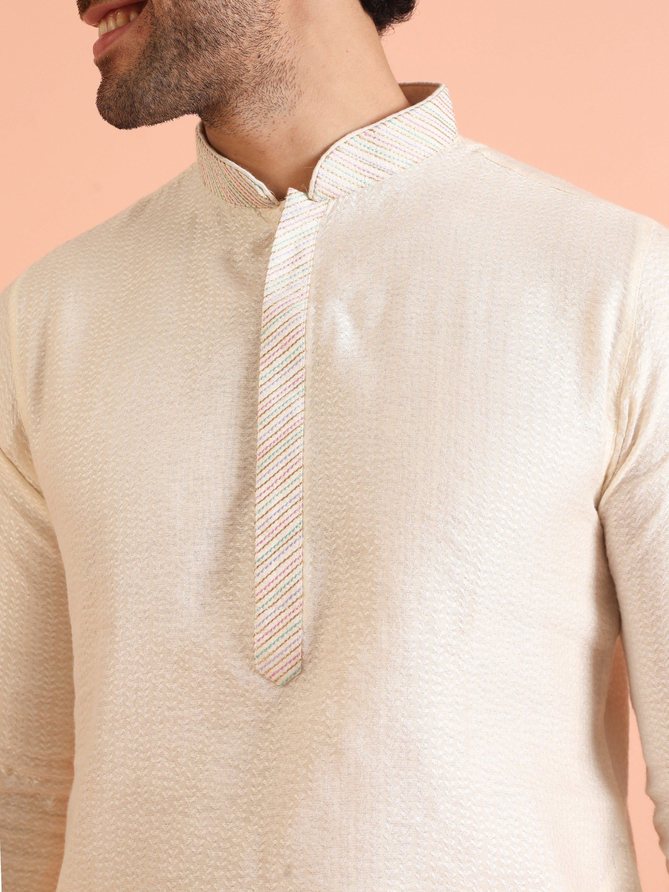 Cream Silk Blend Textured Kurta Patiyala Set - Image 4