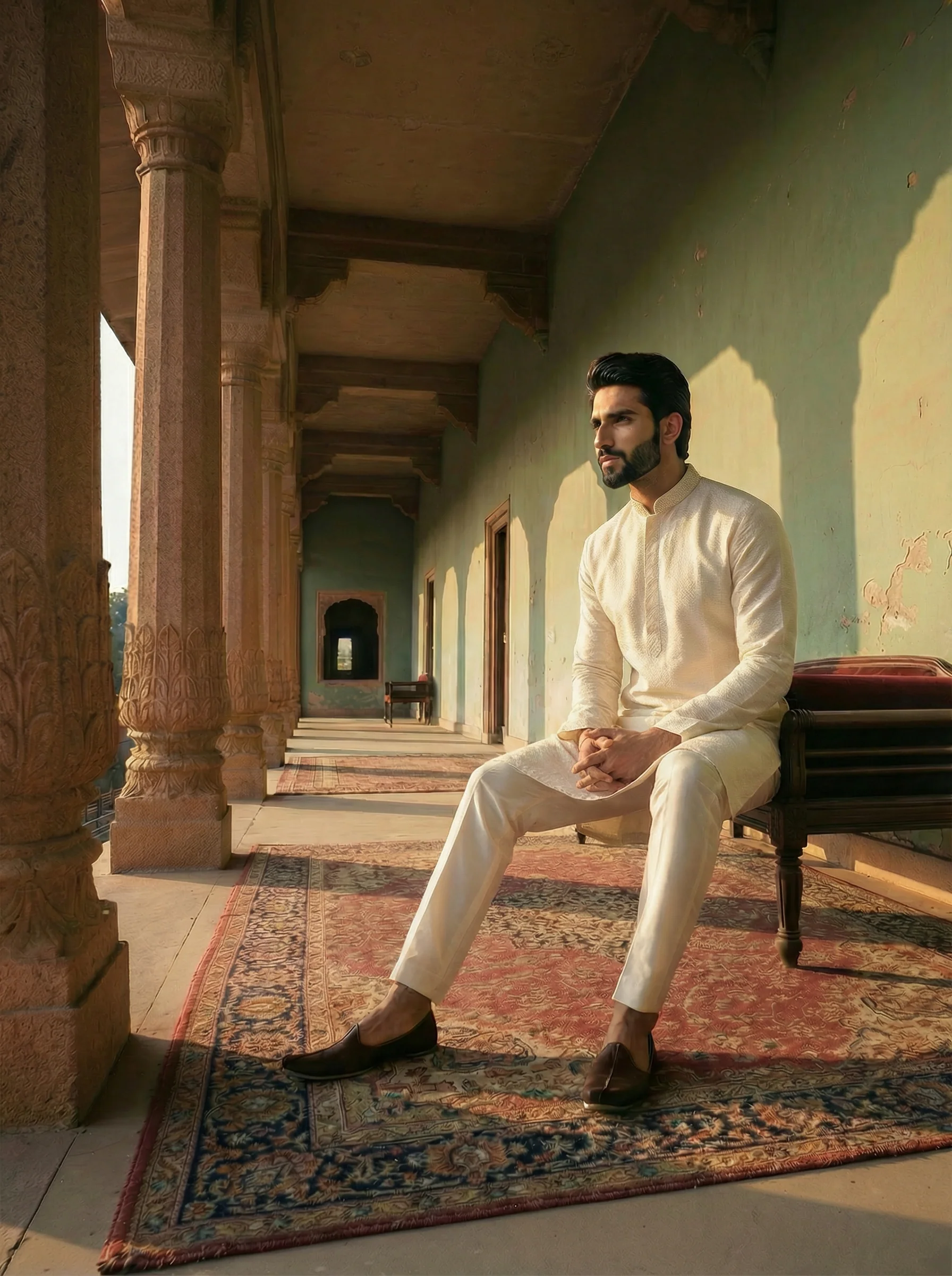 Cream Silk Blend Textured Long Kurta