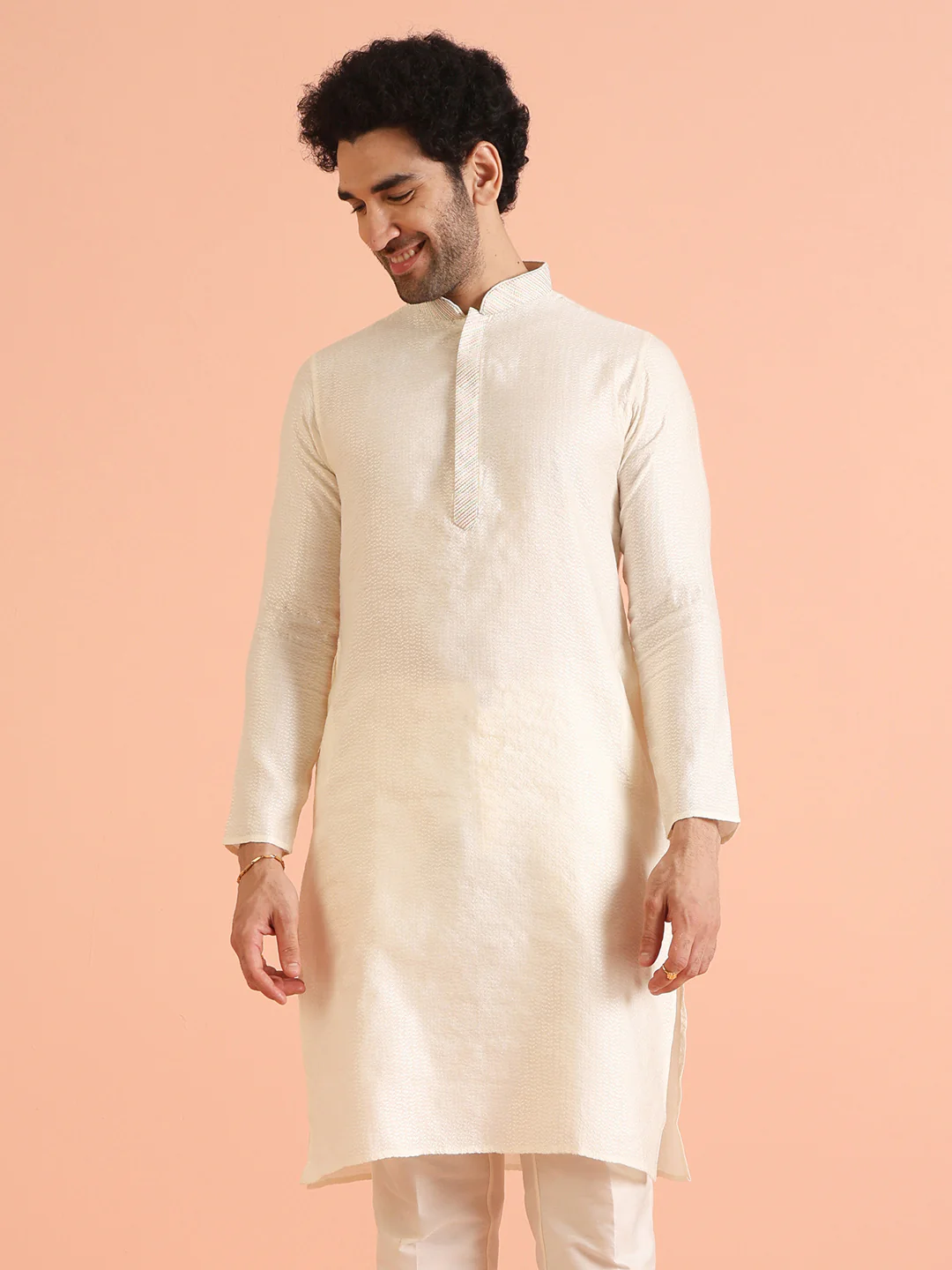 Cream Silk Blend Textured Long Kurta - Image 7