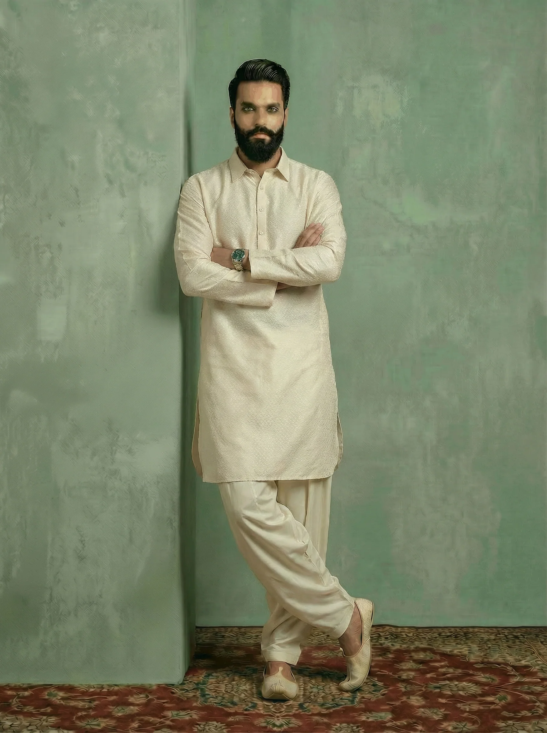 Cream Silk Blend Textured Long Pathani Kurta
