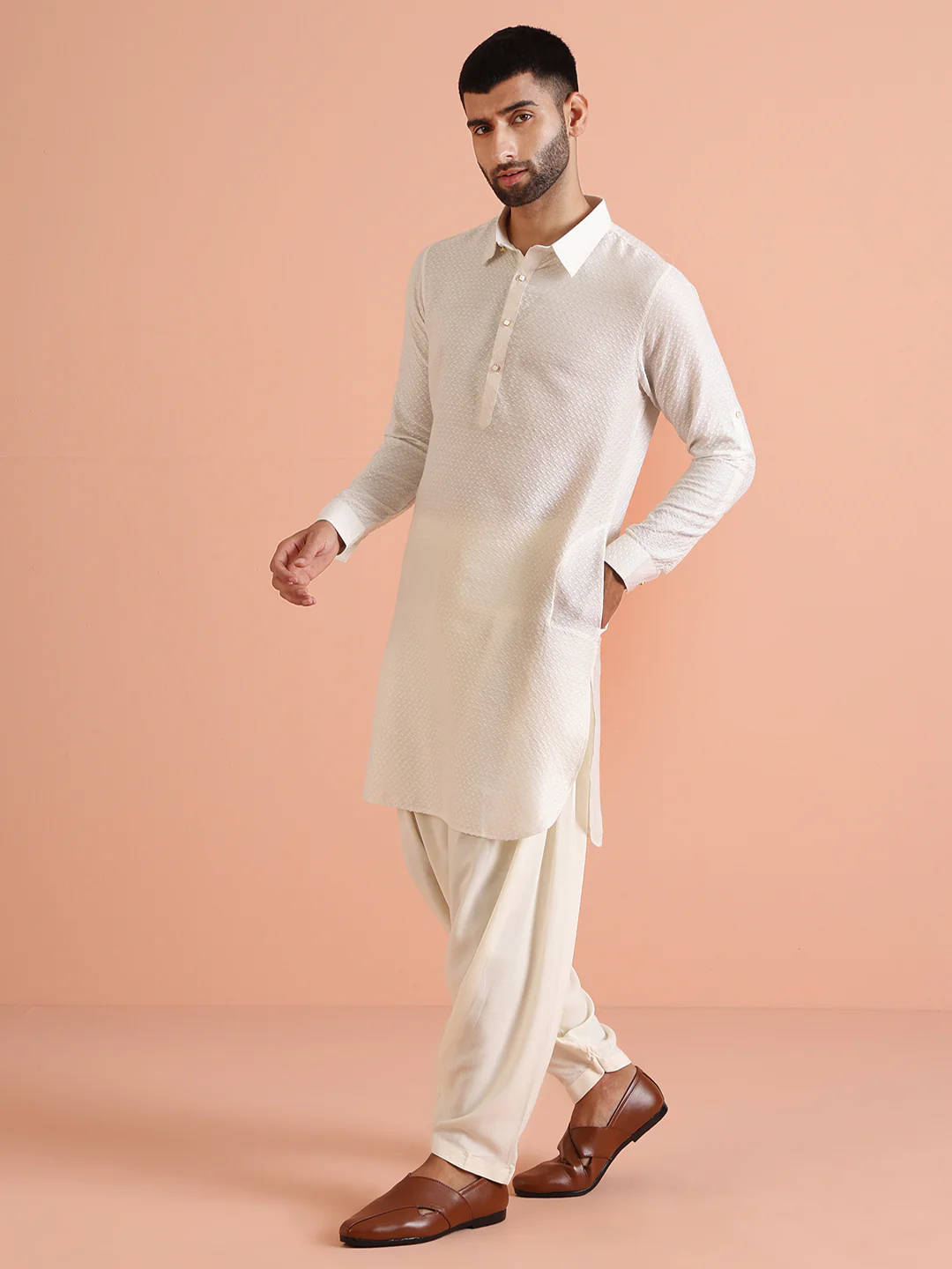 Cream Silk Blend Textured Long Pathani Kurta - Image 3