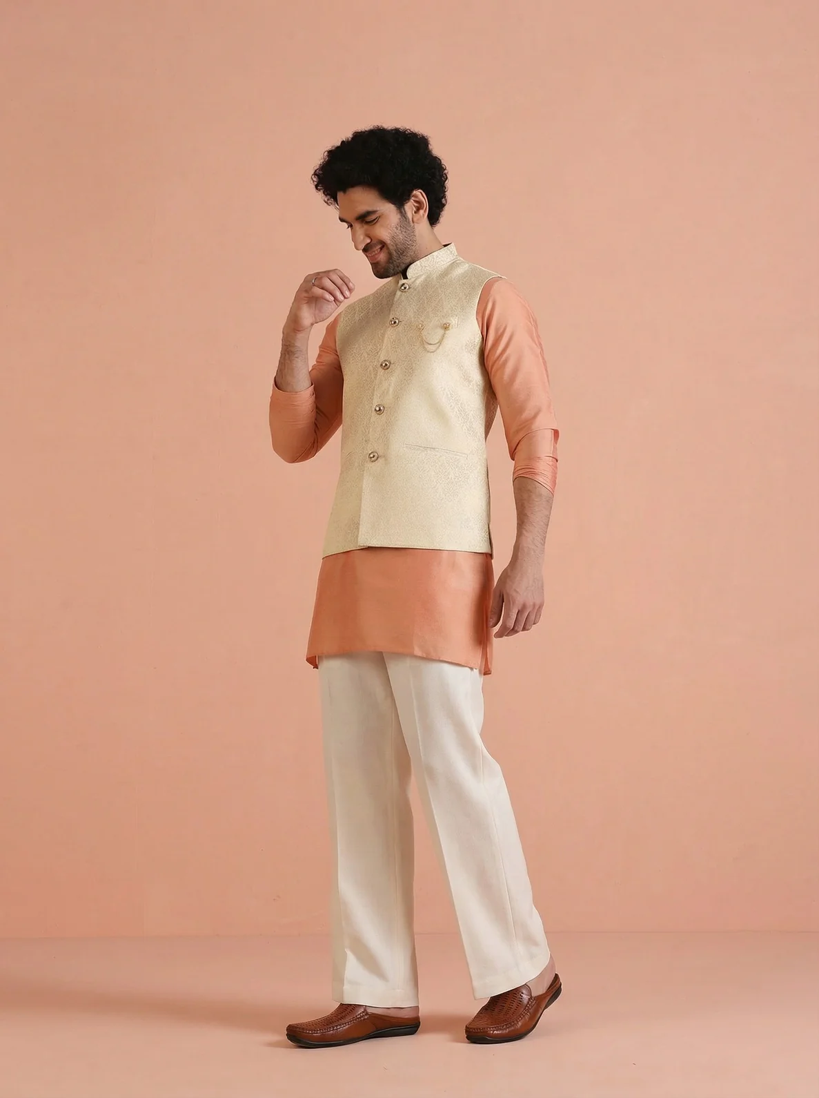 Cream Silk Blend Textured Mid Kurta Jacket Wide Leg Trouser Set - Image 2