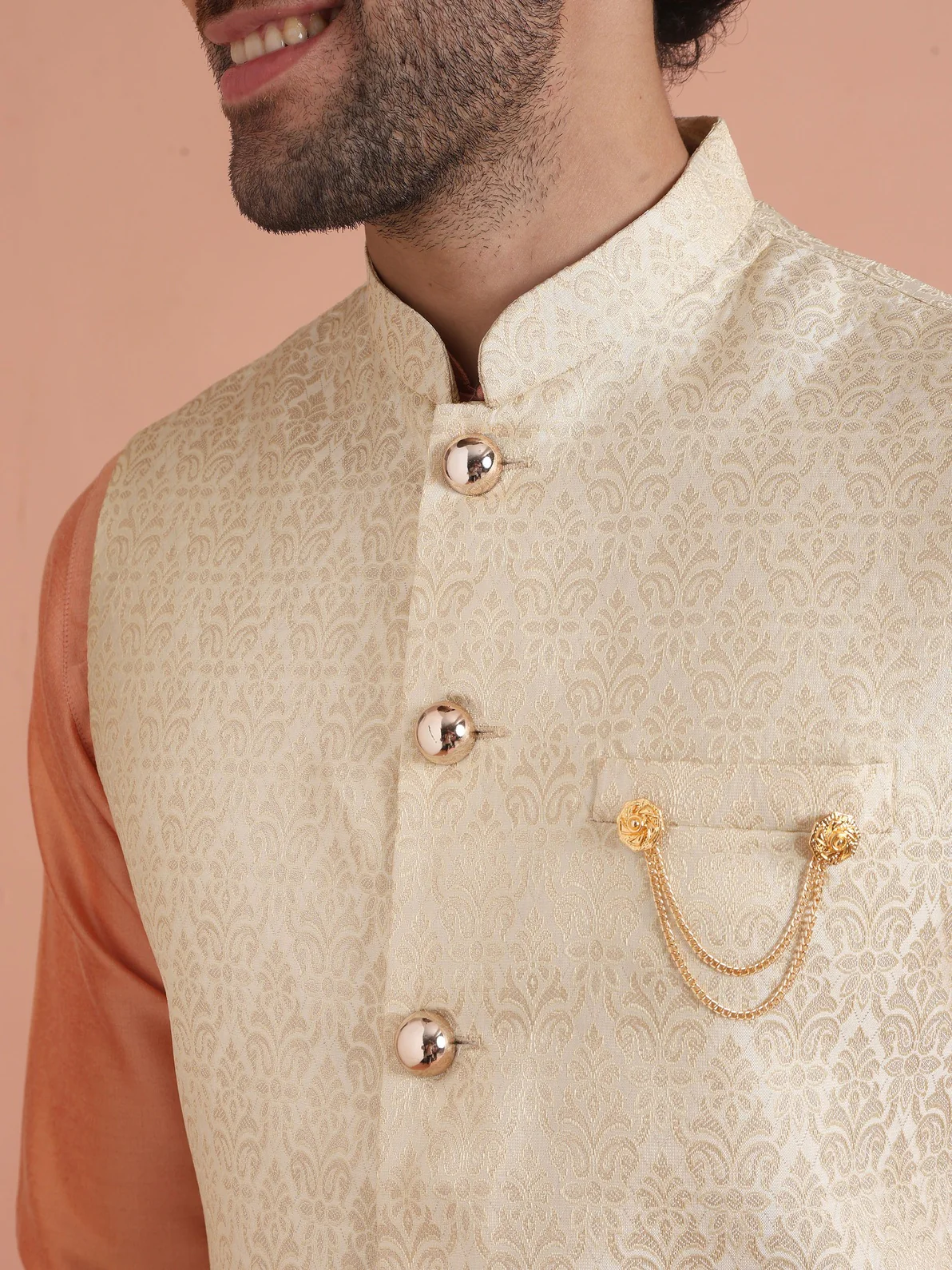 Cream Silk Blend Textured Mid Kurta Jacket Wide Leg Trouser Set - Image 4