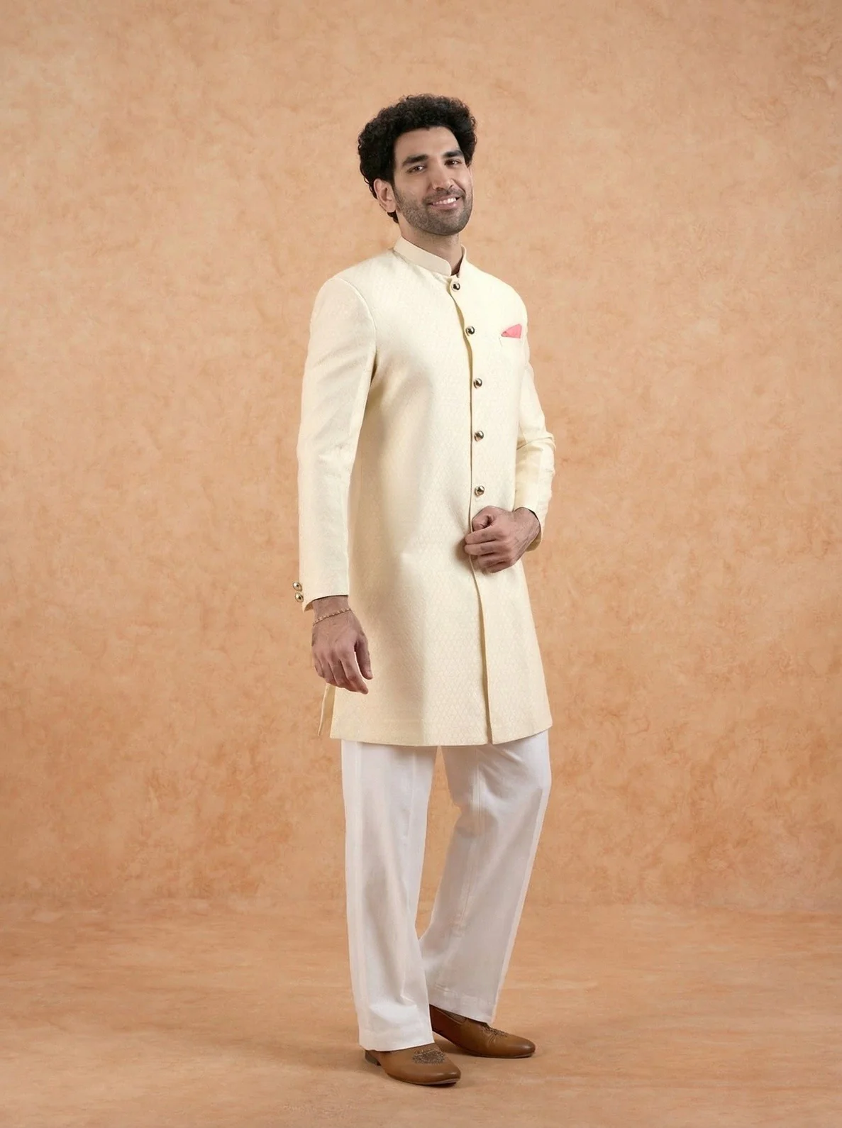 Cream Silk Blend Textured Sherwani Wide Leg Trouser Set - Image 2