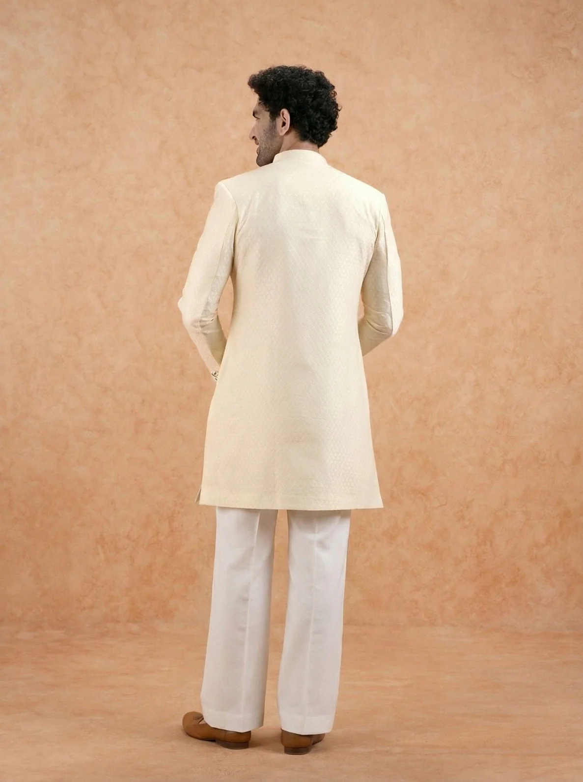 Cream Silk Blend Textured Sherwani Wide Leg Trouser Set - Image 3