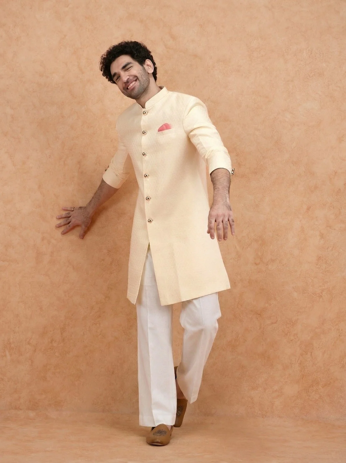Cream Silk Blend Textured Sherwani Wide Leg Trouser Set - Image 7