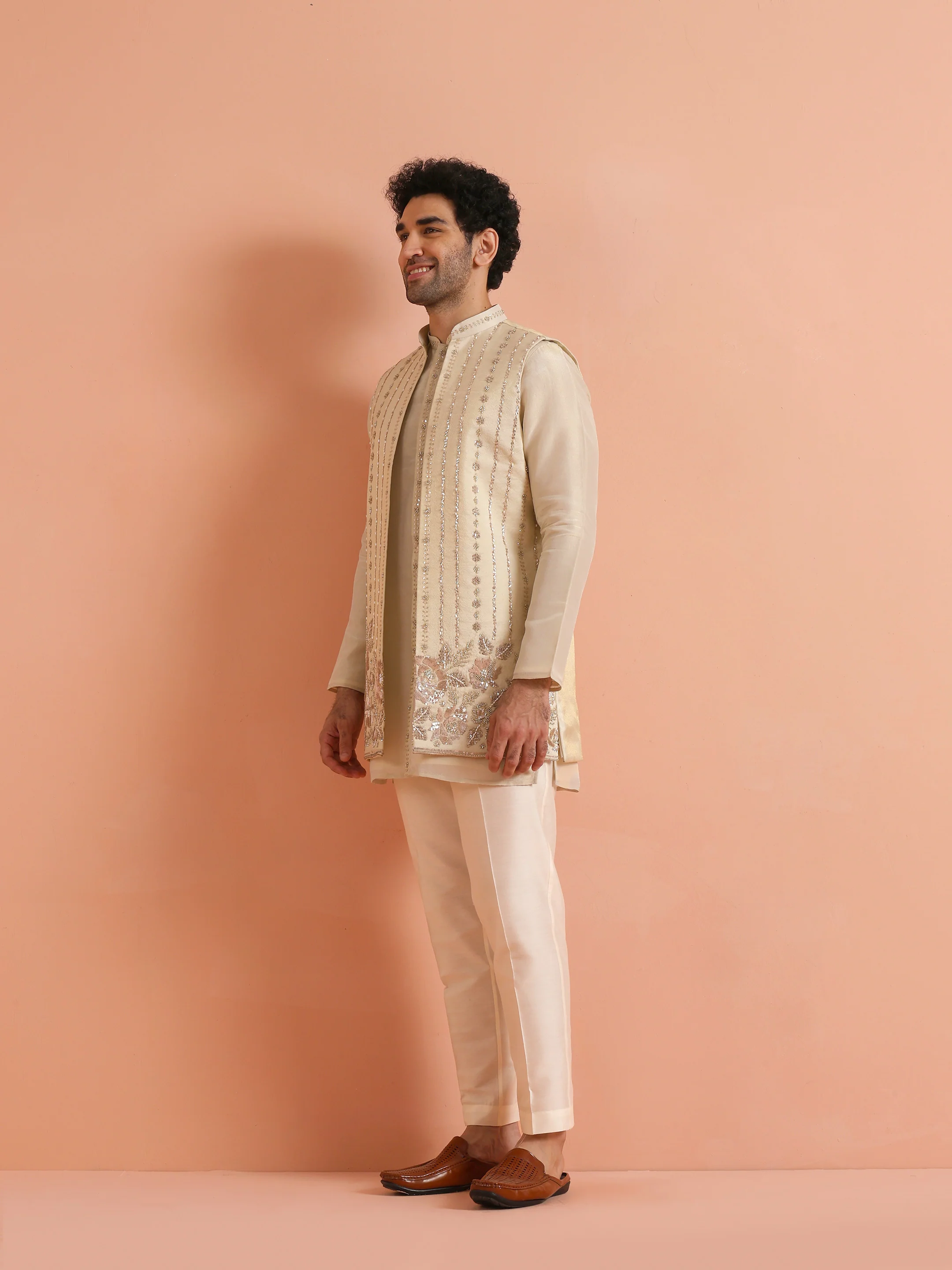 Cream Tissue Embellished Front Open Mid Kurta Jacket Trouser Set - Image 2