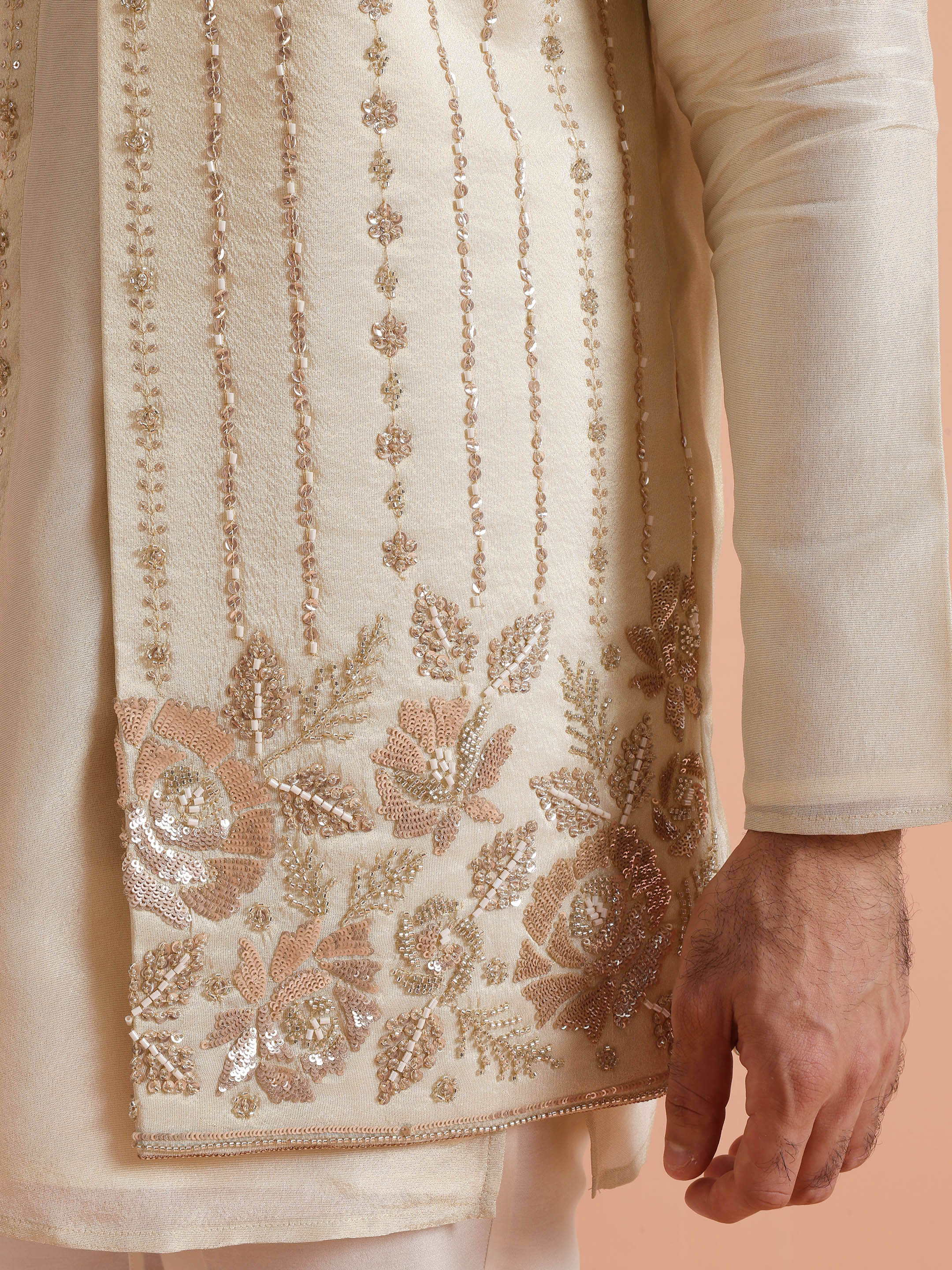 Cream Tissue Embellished Front Open Mid Kurta Jacket Trouser Set - Image 6