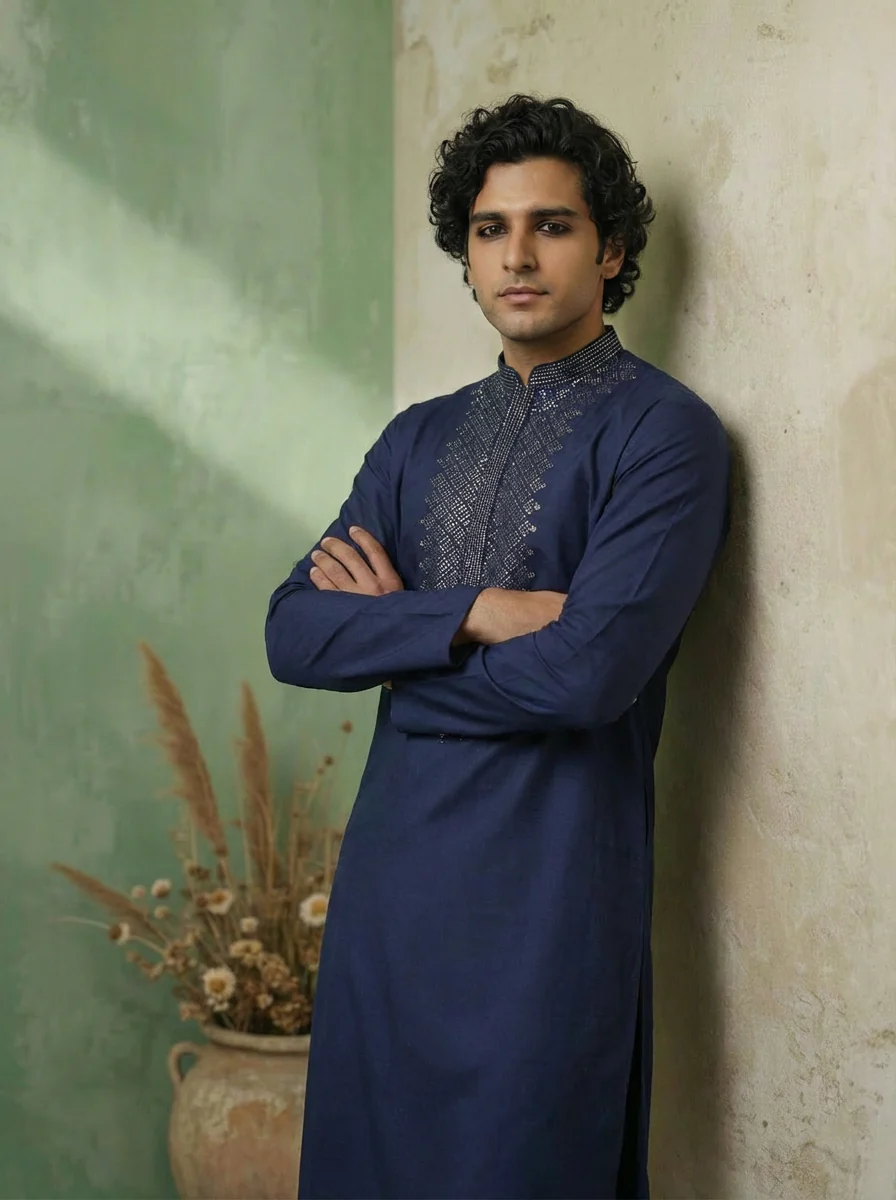 Dark Blue Poly Silk Swarovski Work Long Kurta