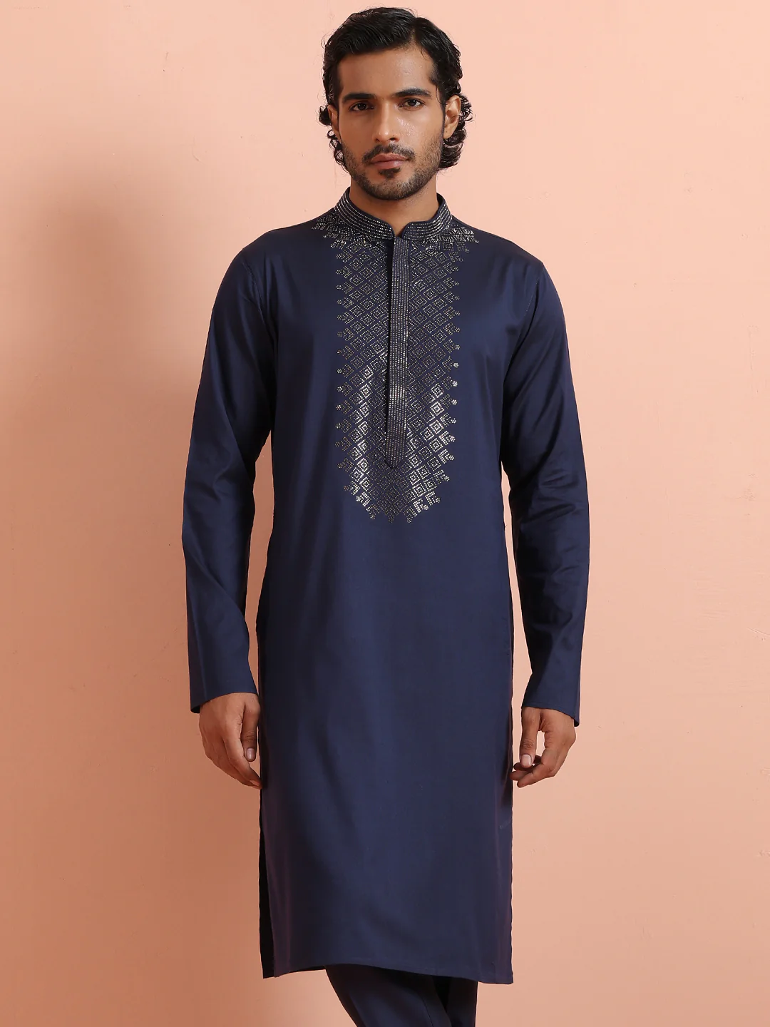Dark Blue Poly Silk Swarovski Work Long Kurta - Image 8