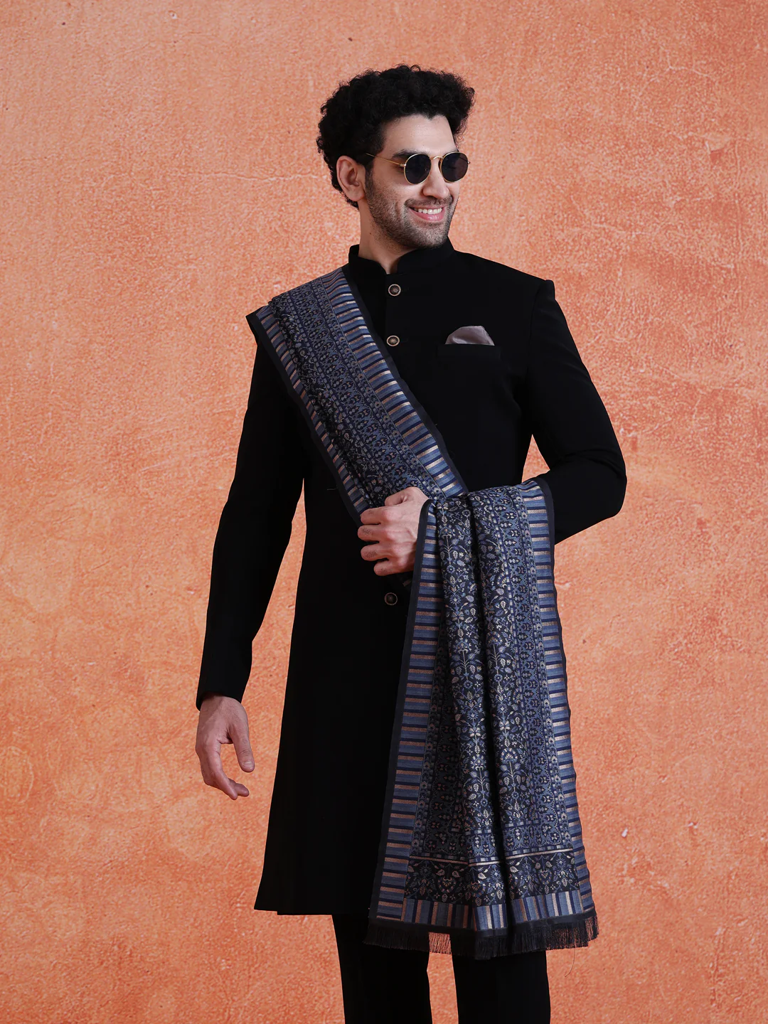 Dark Blue Silk Blend Jacquard Dupatta - Image 5