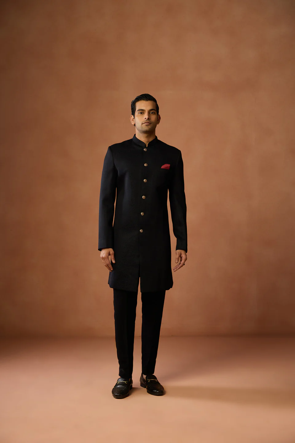 Black Silk Blend Jacquard Sherwani Set