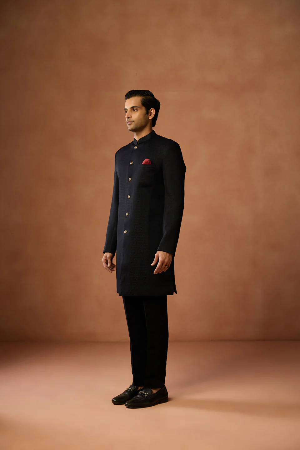 Black Silk Blend Jacquard Sherwani Set - Image 2