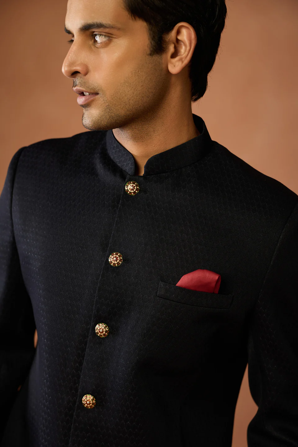Black Silk Blend Jacquard Sherwani Set - Image 5