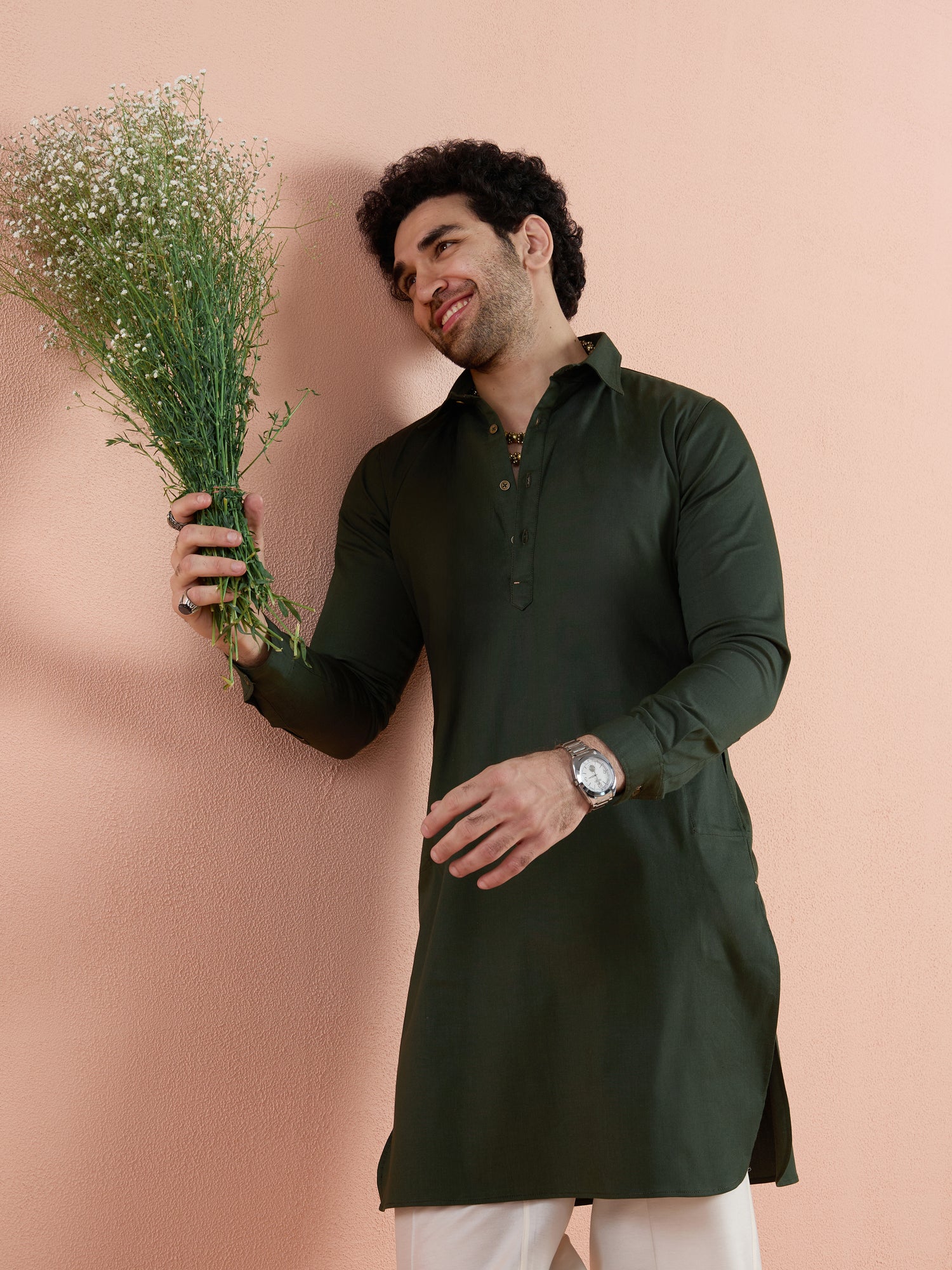 Dark Green Denim Solid Pathani Kurta