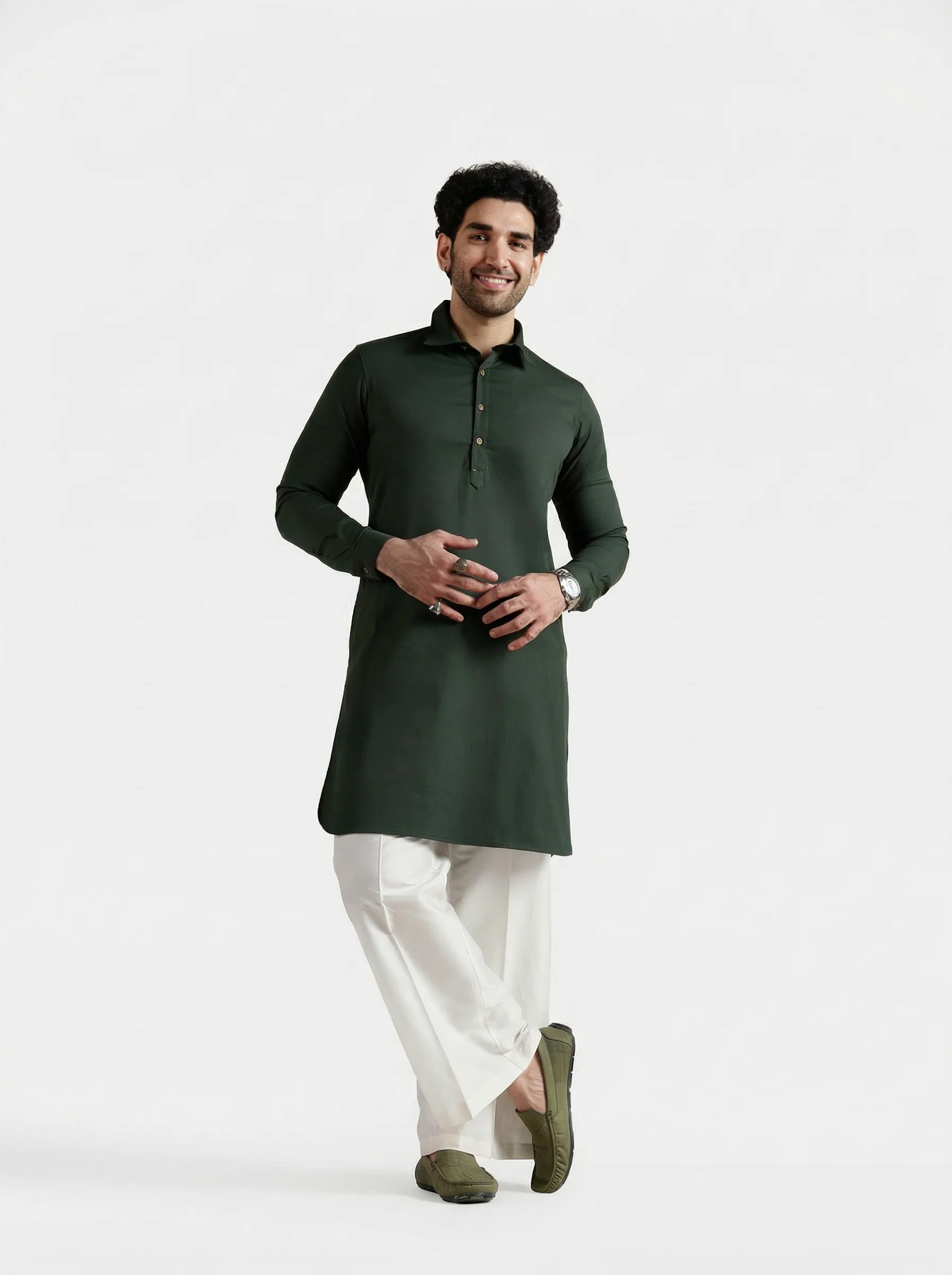 Dark Green Denim Solid Pathani Kurta - Image 10