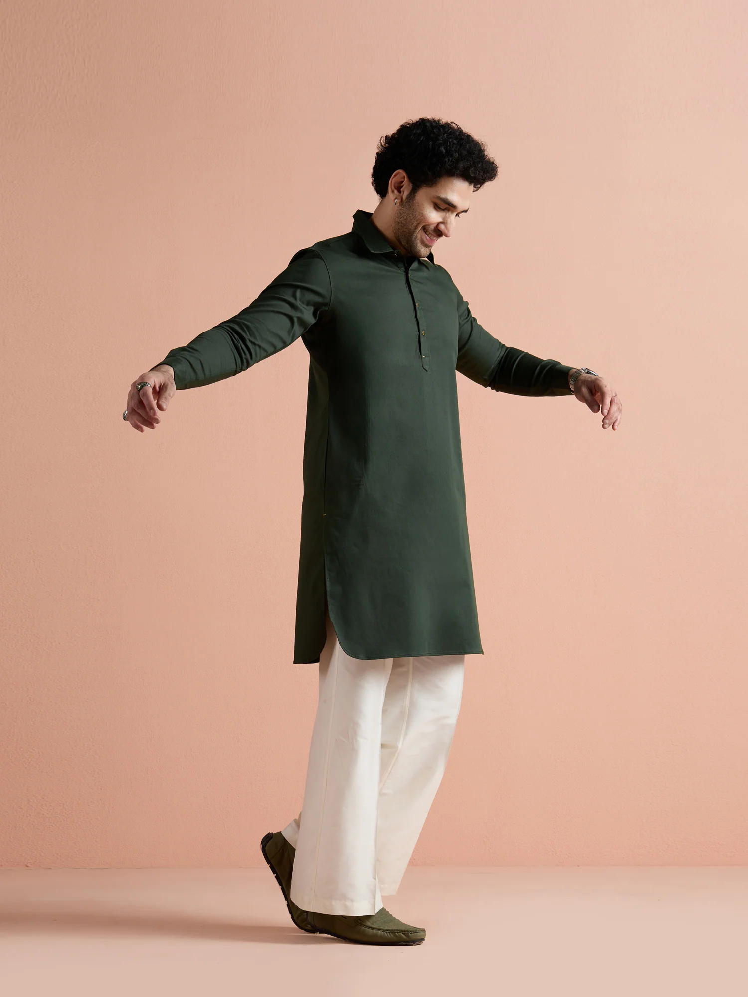 Dark Green Denim Solid Pathani Kurta - Image 2