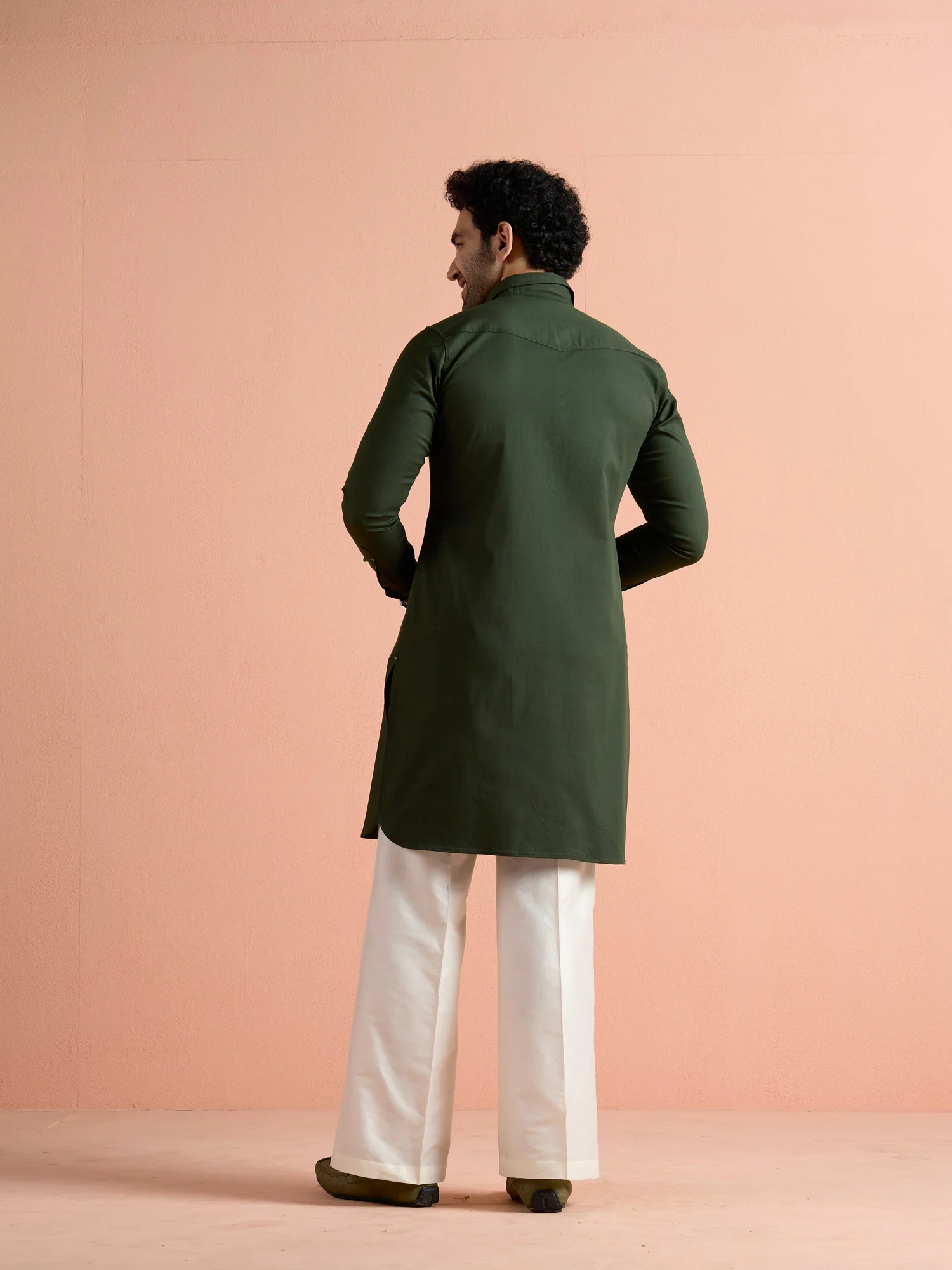 Dark Green Denim Solid Pathani Kurta - Image 4