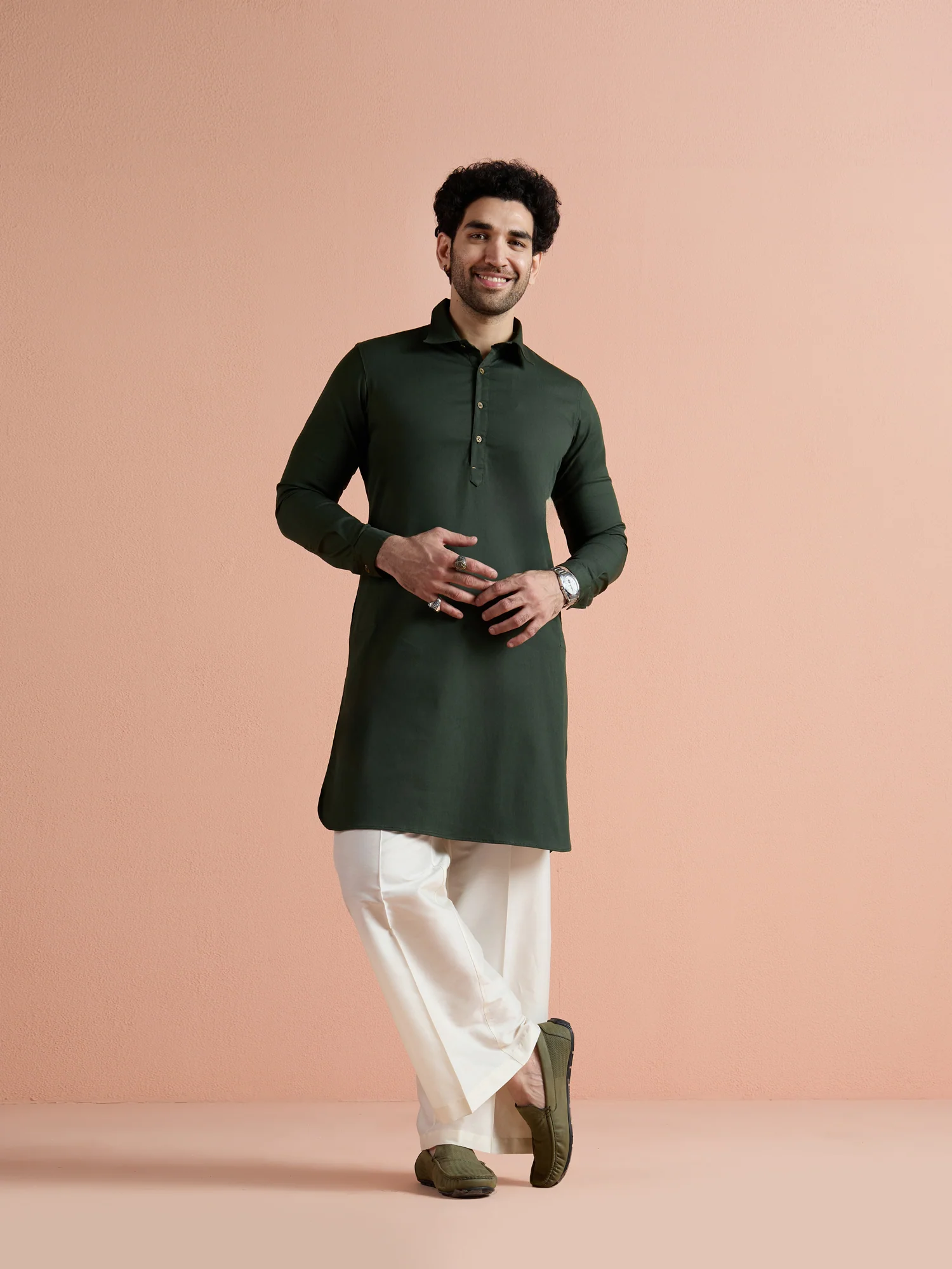 Dark Green Denim Solid Pathani Kurta - Image 9