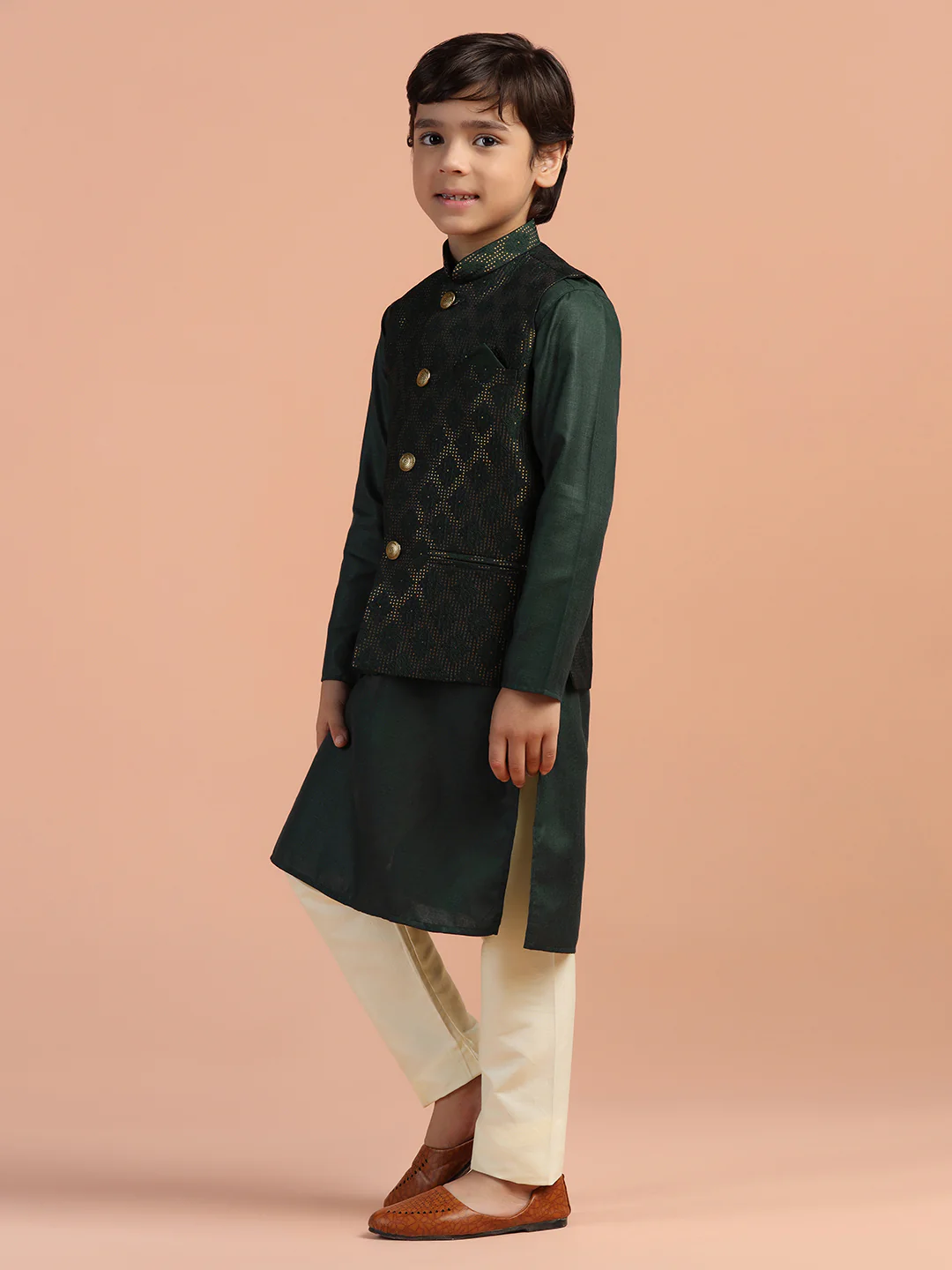Dark Green Jacquard Kids Kurta Set - Image 2