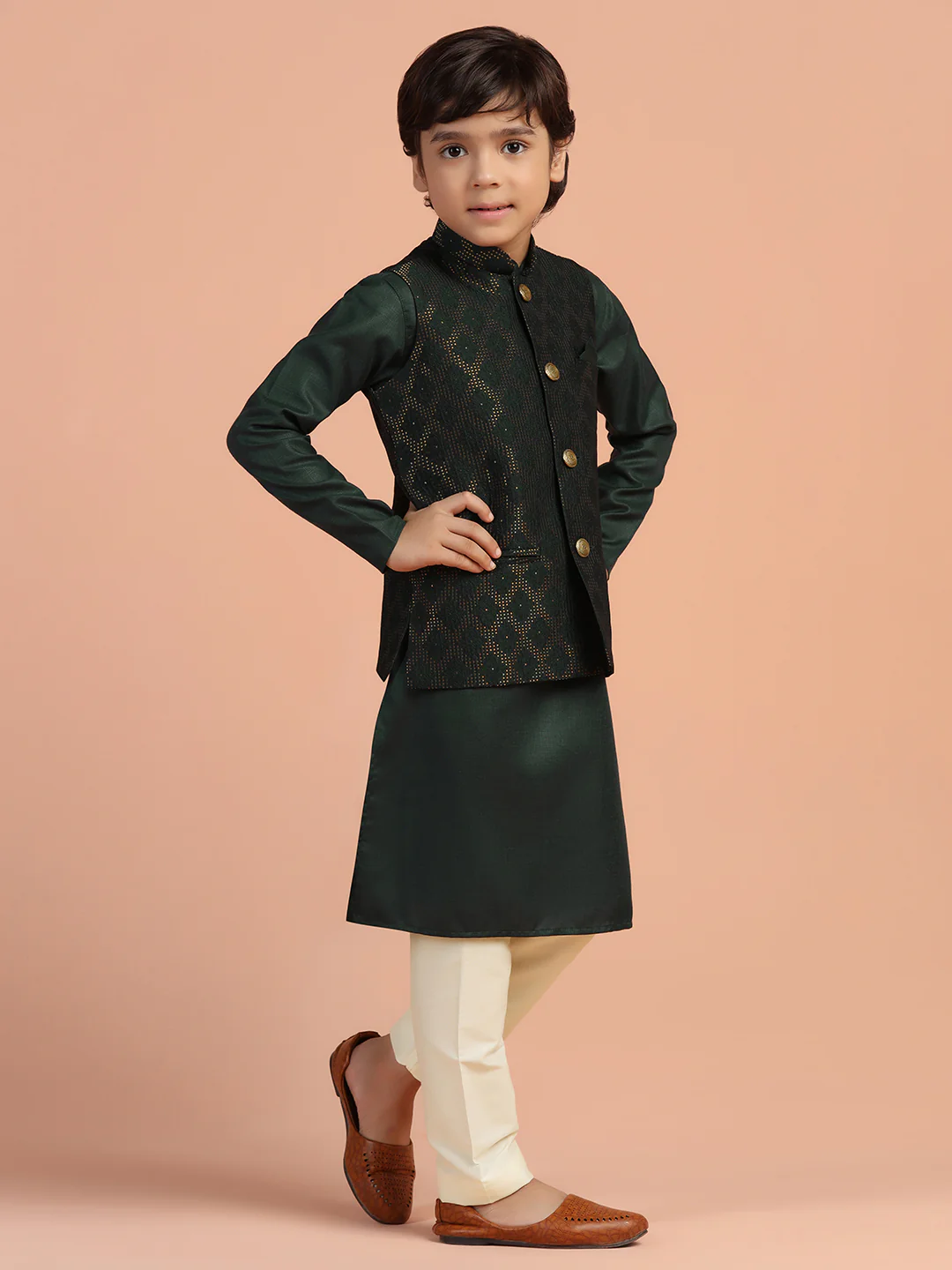 Dark Green Jacquard Kids Kurta Set - Image 3